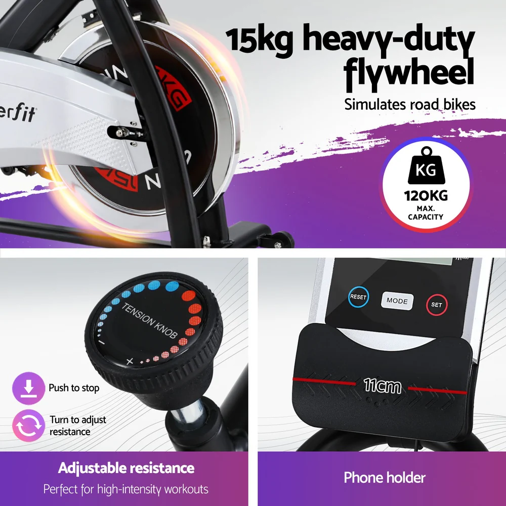 15kg Flywheel Spin Bike Everfit Exercise Bike Home Gym Fitness 120KG Capacity - Image 7