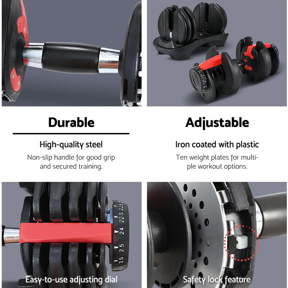 Everfit 24kg Dumbbells Adjustable Dumbbell Weight Plates Home Gym 2pcs - Image 4