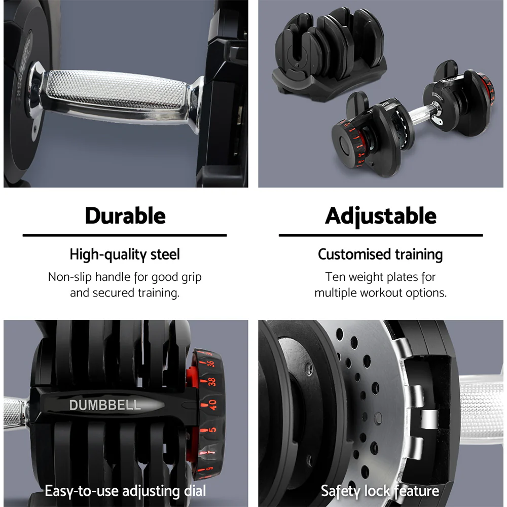 2x40KG Adjustable Dumbbells Dumbbell Set Rubber Weight Plates - Image 4