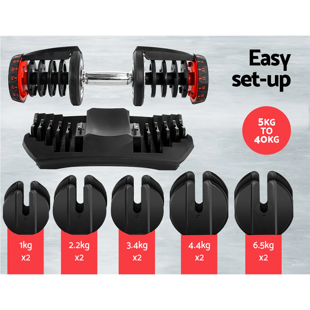 2x40KG Adjustable Dumbbells Dumbbell Set Rubber Weight Plates - Image 5