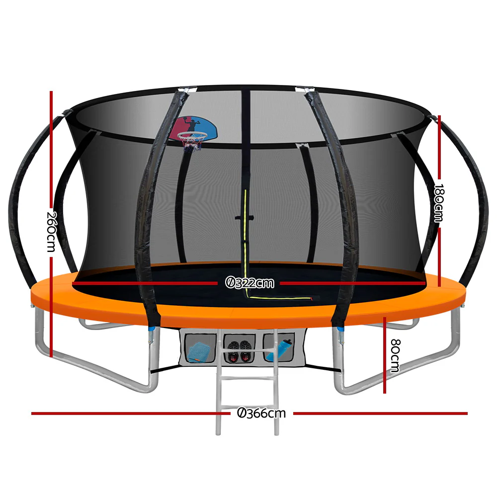 Everfit 12FT Trampoline for Kids w/ Ladder Enclosure Safety Net Rebounder Orange - Image 2
