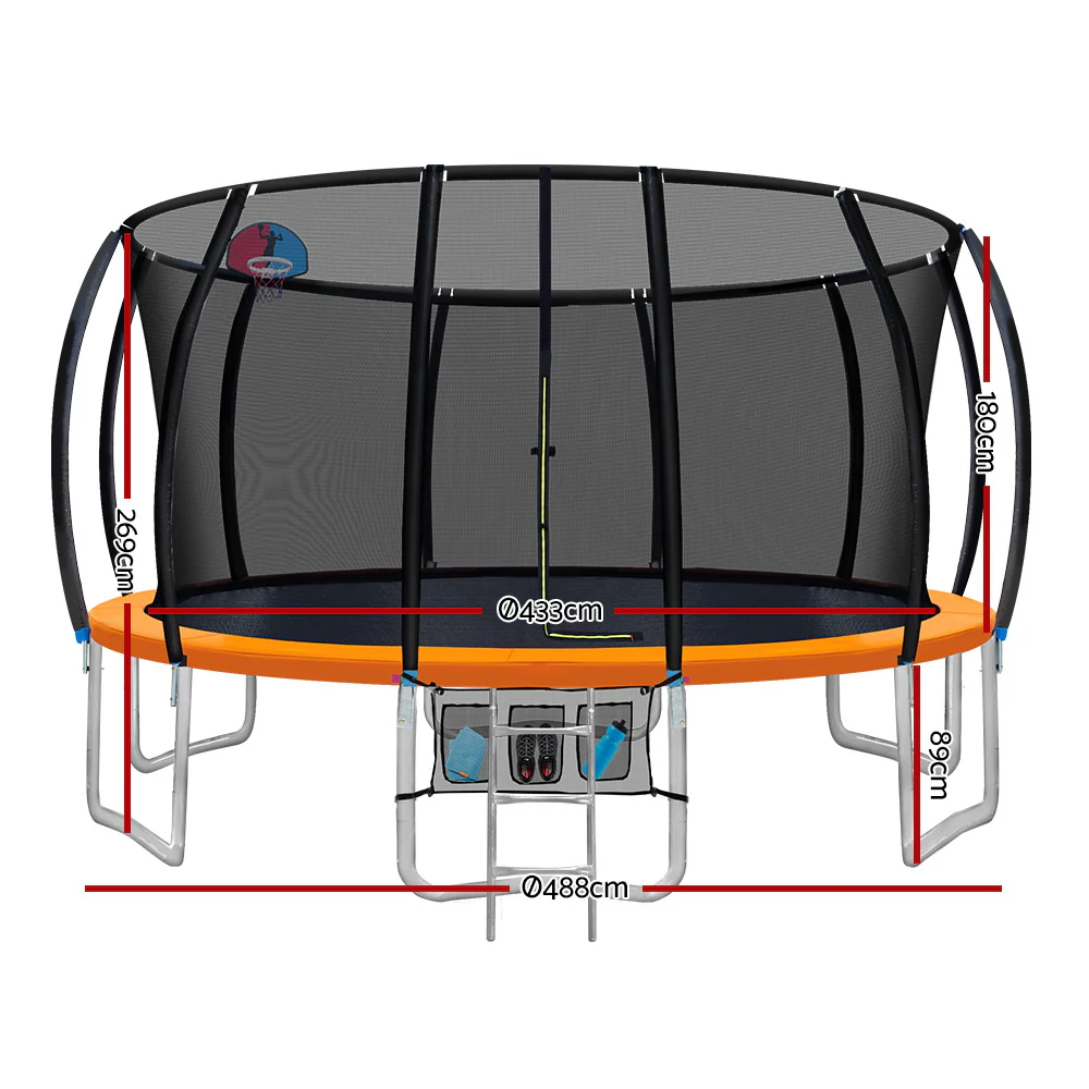 Everfit 16FT Trampoline for Kids w/ Ladder Enclosure Safety Net Rebounder Orange - Image 2