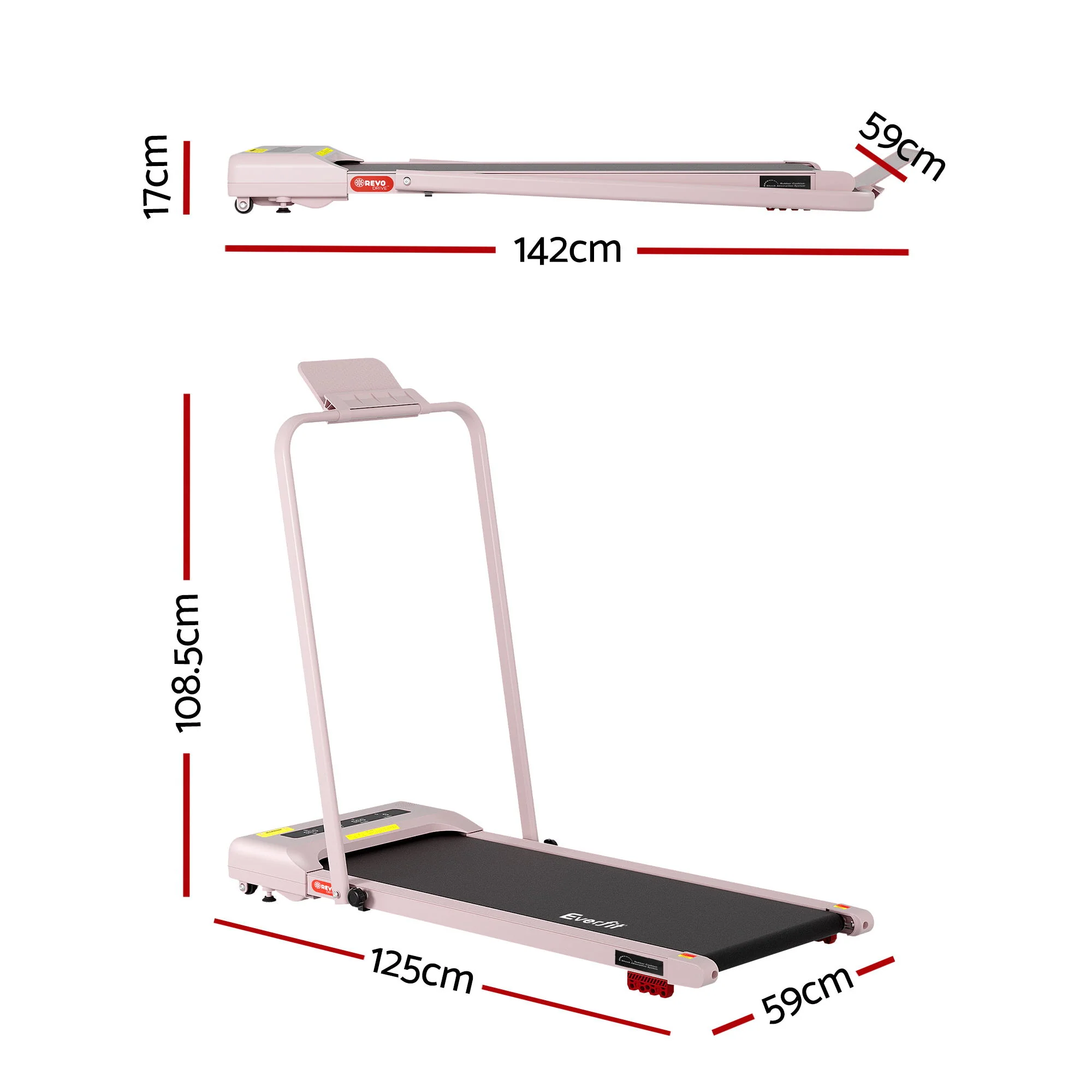 Everfit Treadmill Electric Walking Pad Incline Under Desk 380mm Pink - Image 2