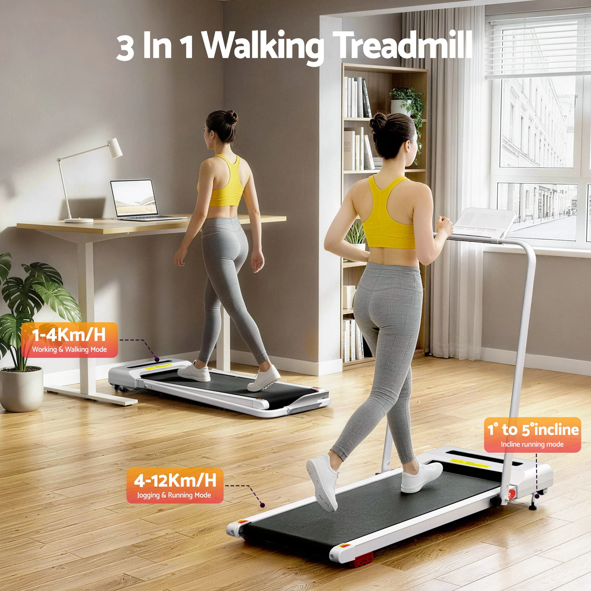 Everfit 3 in 1 Treadmill Electric Walking Pad Incline Under Desk 380mm White - Image 4