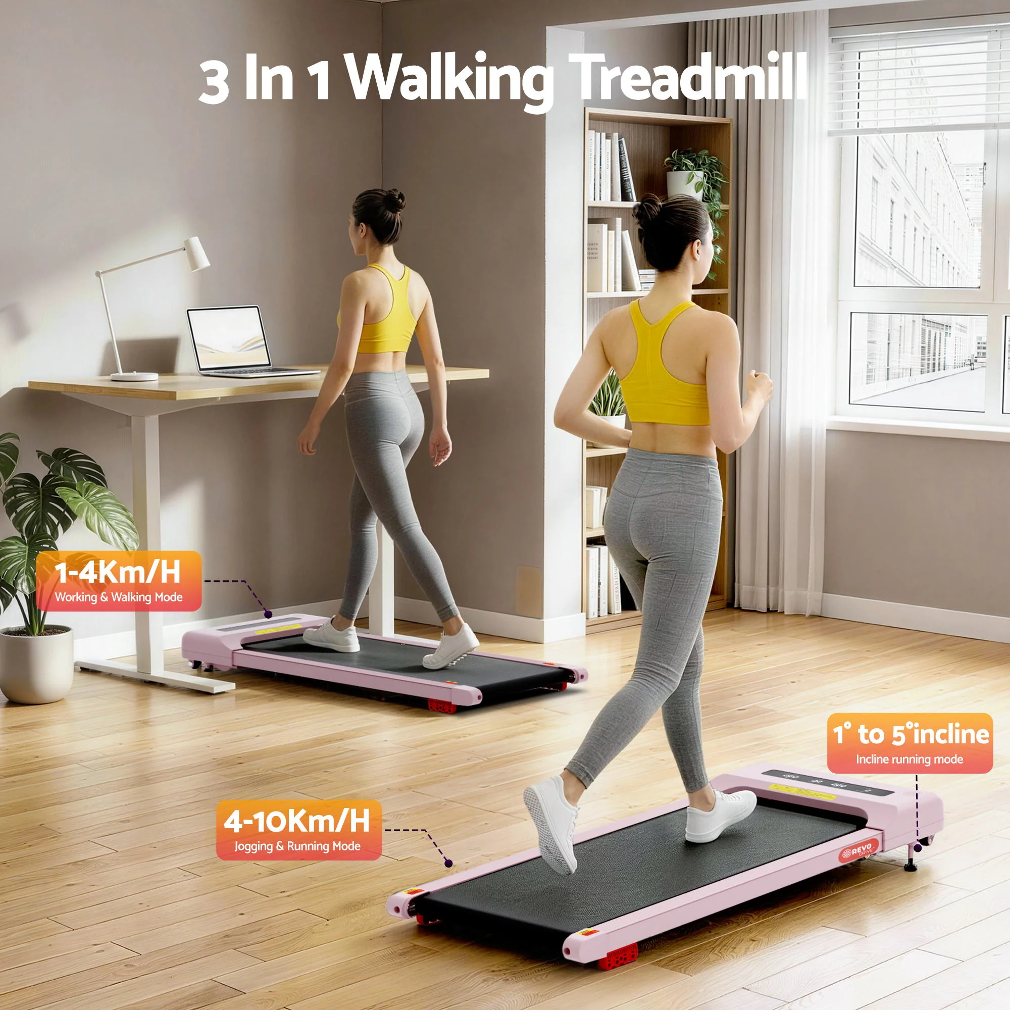 Everfit 3 in 1 Treadmill Electric Walking Pad Incline Under Desk Home Gym 380mm Pink - Image 4