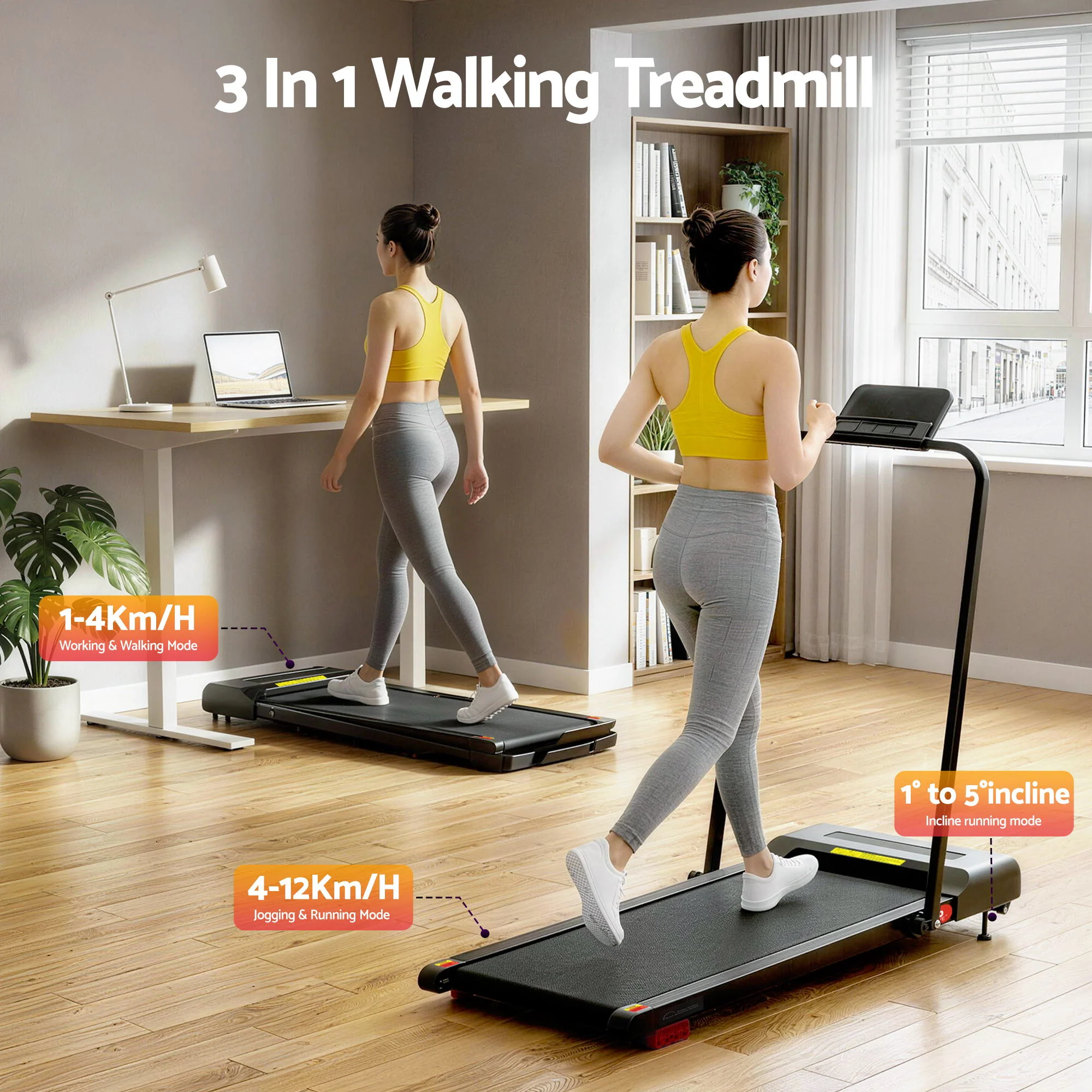 Everfit 3 in 1 Treadmill Electric Walking Pad Under Desk Office Home Gym Incline 380mm Black - Image 4