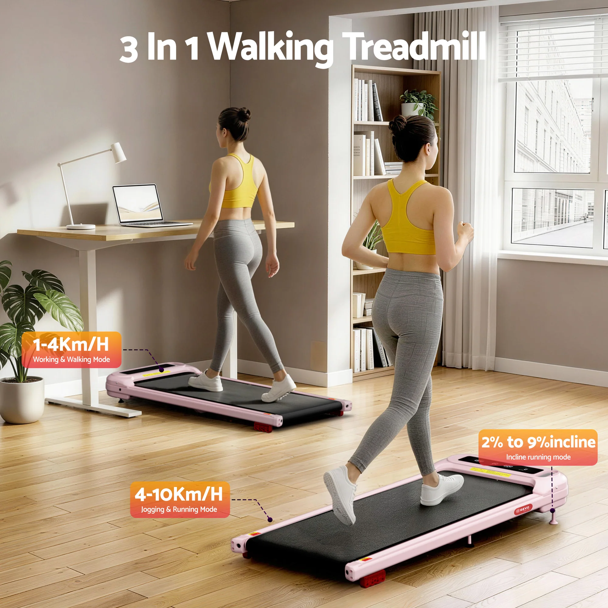 Everfit 3 in 1 Treadmill Electric Walking Pad with Incline Under Desk Home Gym Pink - Image 2