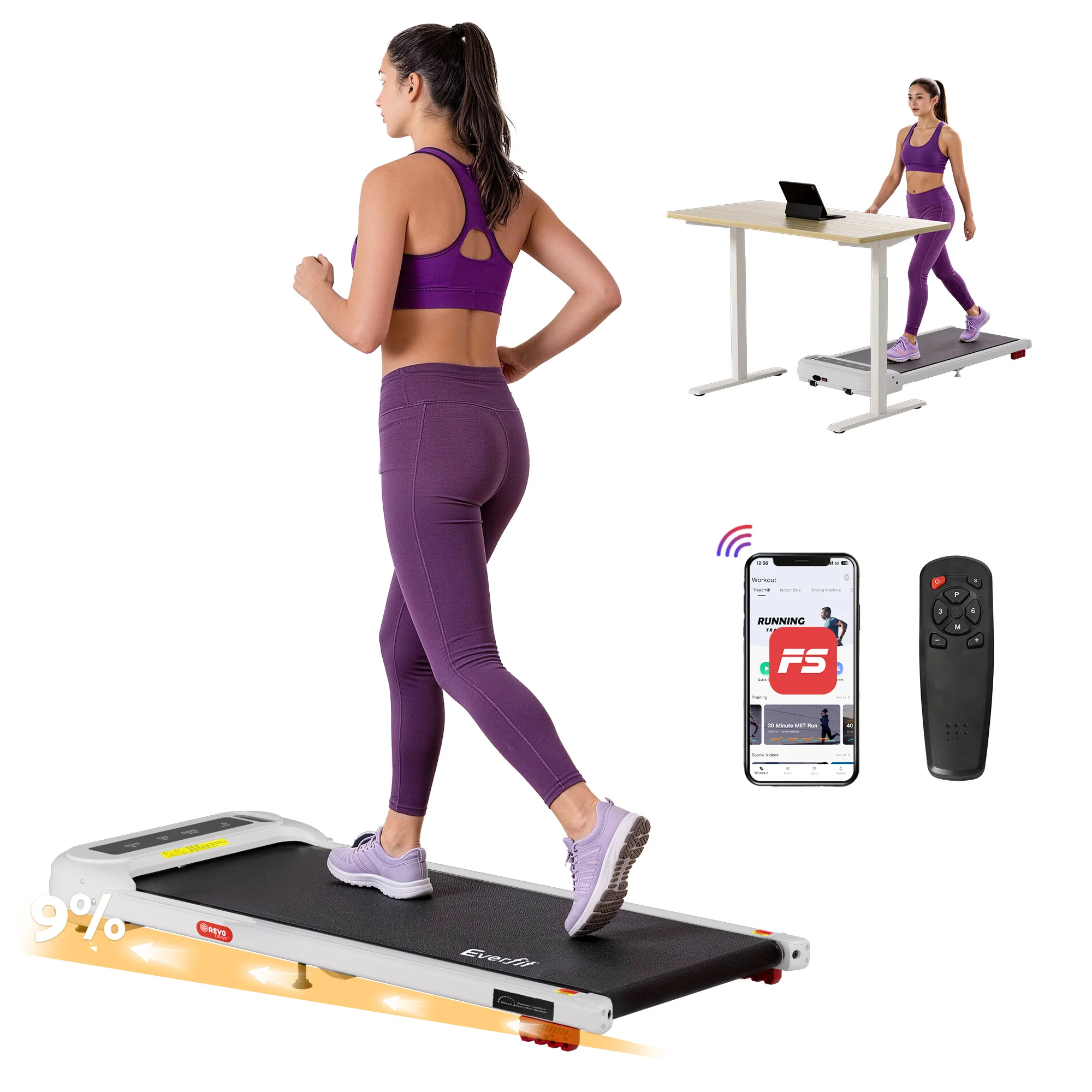 Everfit Treadmill Electric Walking Pad with Incline Under Desk Home Gym White
