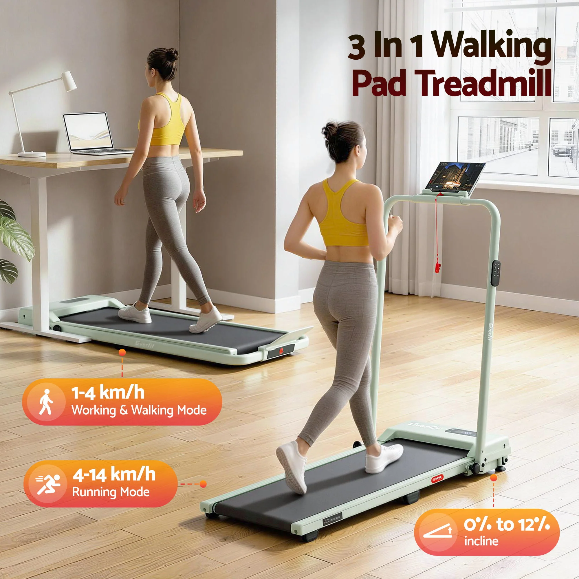 Everfit 3 in 1 Walking Pad Treadmill 12% Incline Under Desk Foldable for Home With 38cm Belt - Image 3