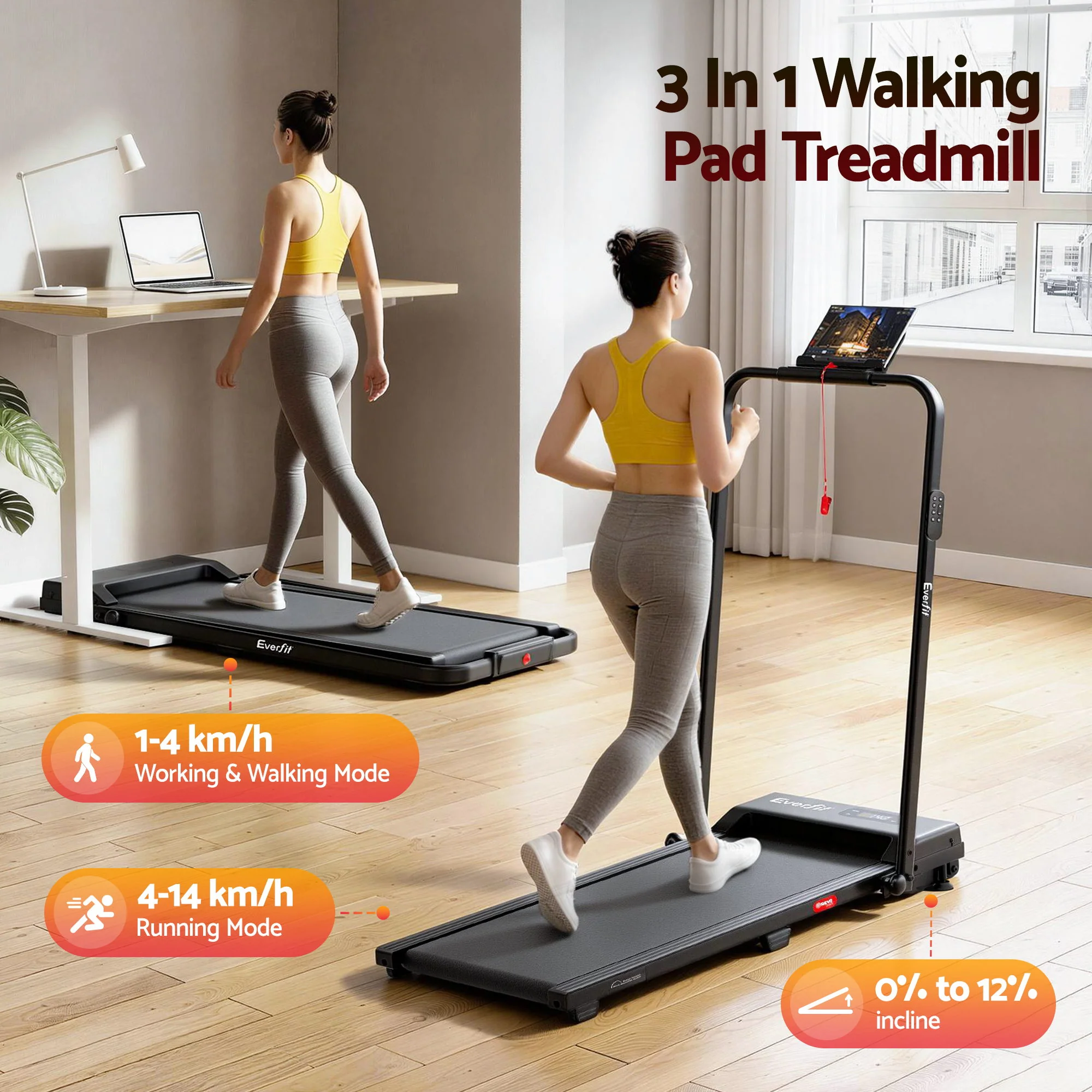 Everfit 3 in 1 Walking Pad Treadmill 12% Incline Under Desk Foldable for Home With 38cm Belt APP Control - Image 3