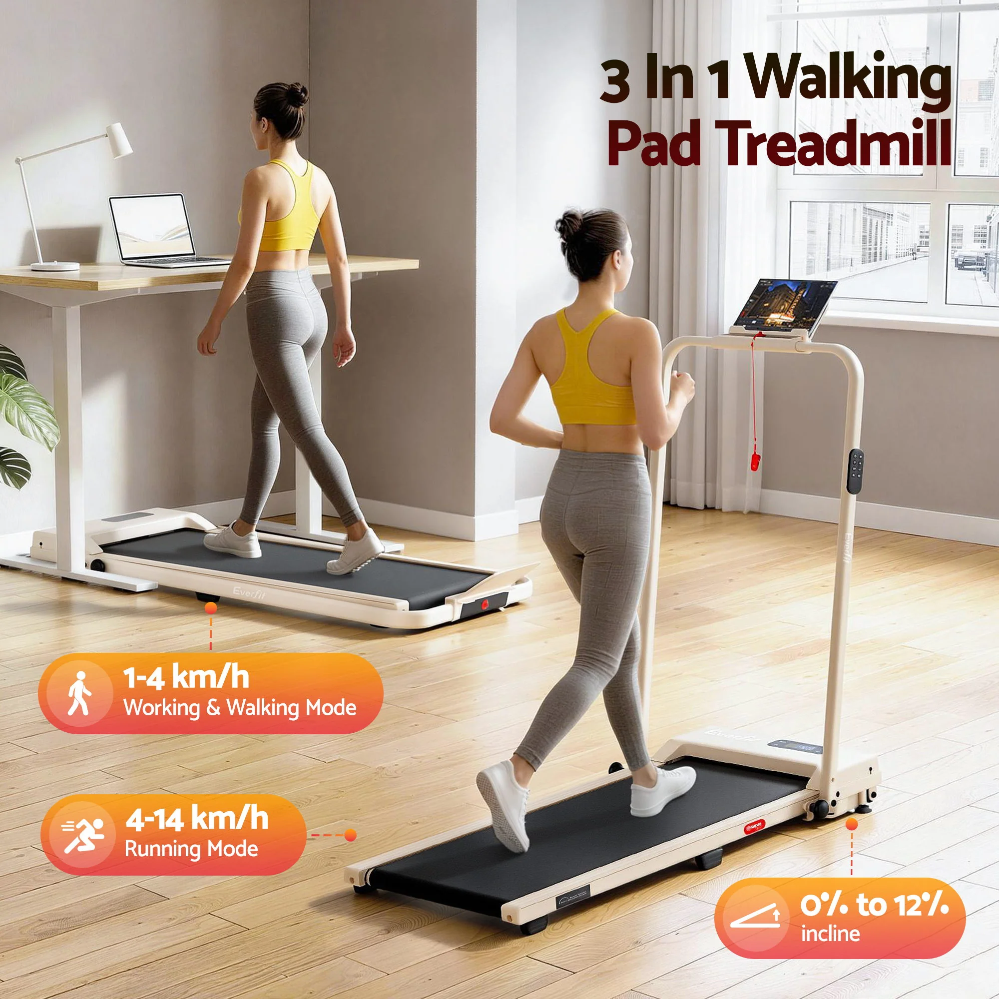 Everfit 3 in 1 Walking Pad Treadmill 12% Incline Under Desk Foldable Treadmills for Home Gym With 38cm Wide Belt APP Control - Image 3