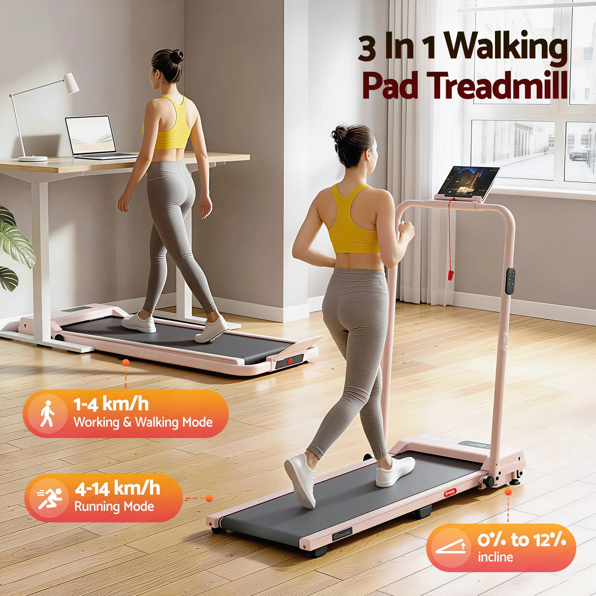 Everfit 3 in 1 Walking Pad Treadmill 12% Incline Under Desk Treadmills for Home Gym With 38cm Wide Belt APP Control - Image 3