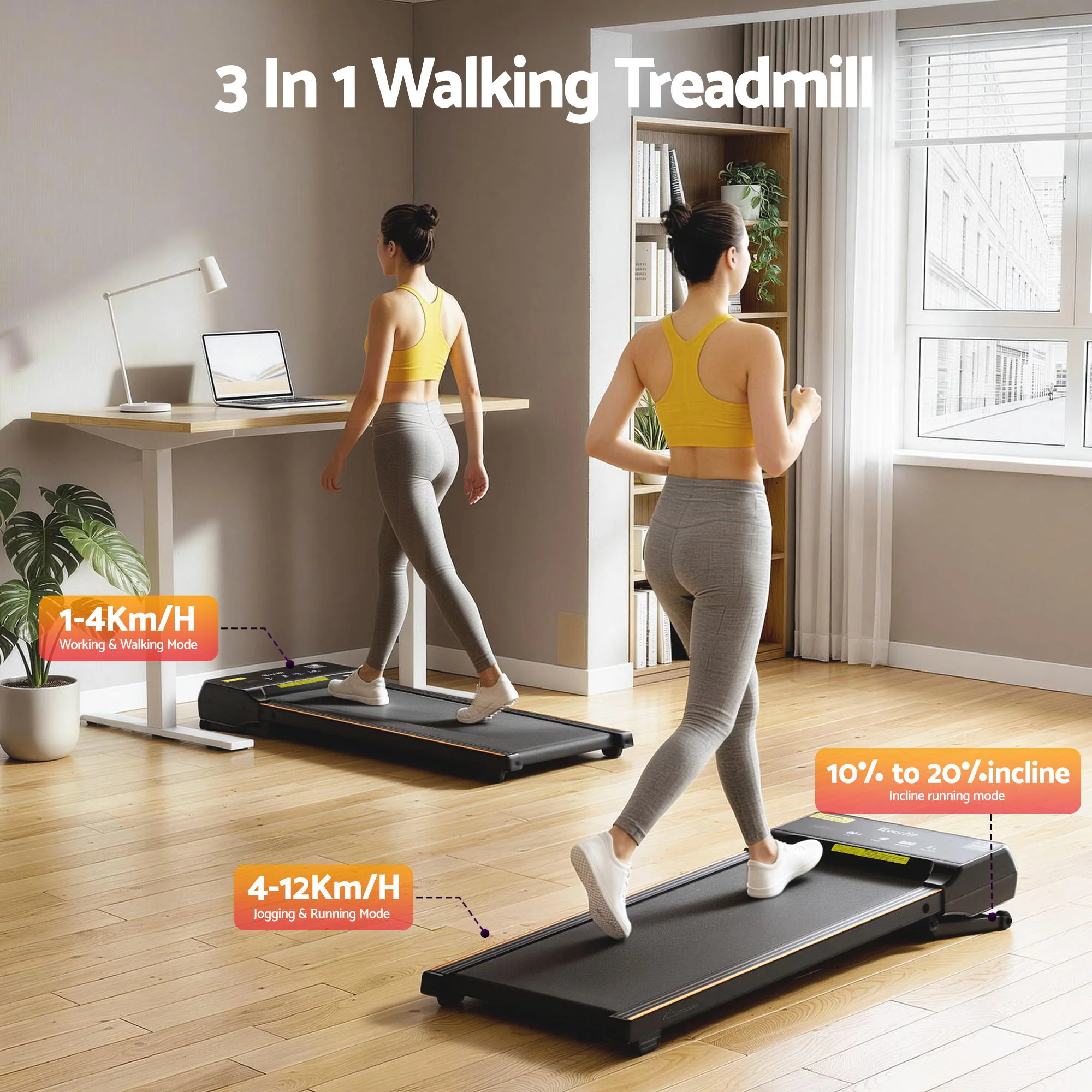 Everfit 3 in 1 Walking Pad Treadmill 20% Auto Incline Under Desk Treadmills for Home Gym With 40cm Wide Belt - Image 3