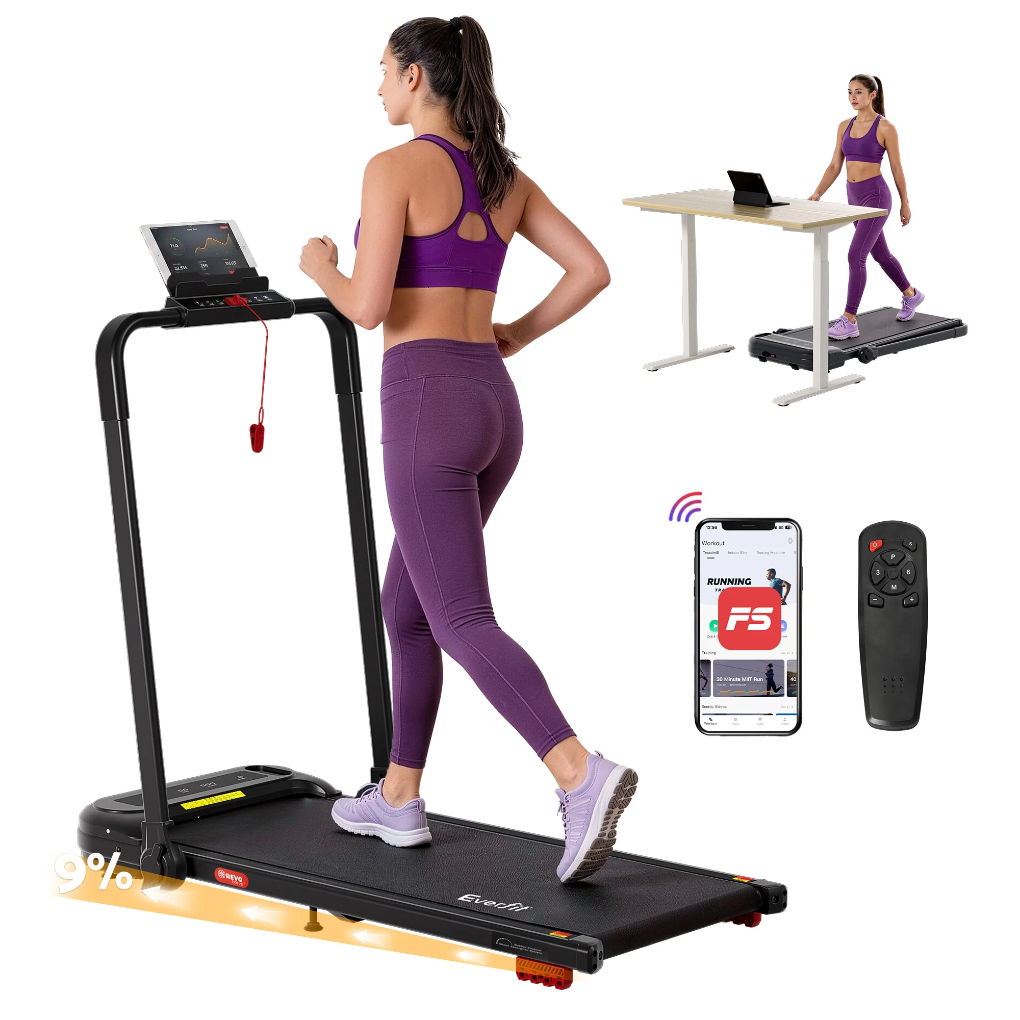 Everfit Treadmill Electric Walking Pad with Incline Foldable for Home Gym Black