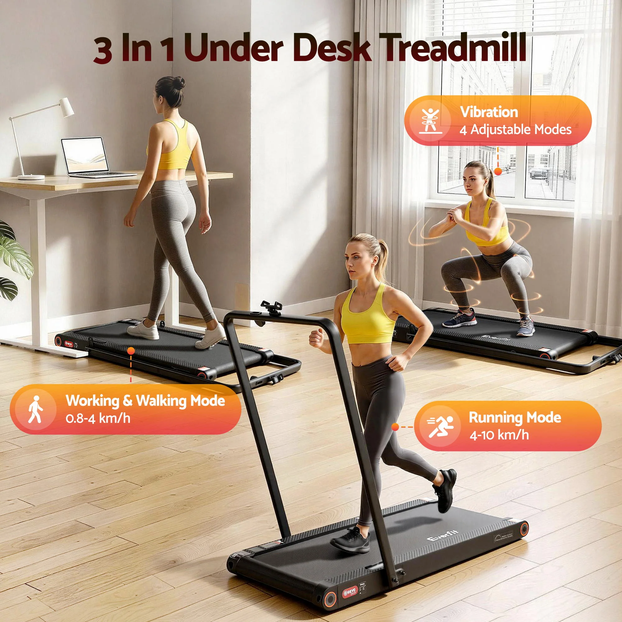 Everfit 4 in 1 Vibration Walking Pad Treadmill Under Desk Treadmills for Home Gym with App Control 380mm - Image 2