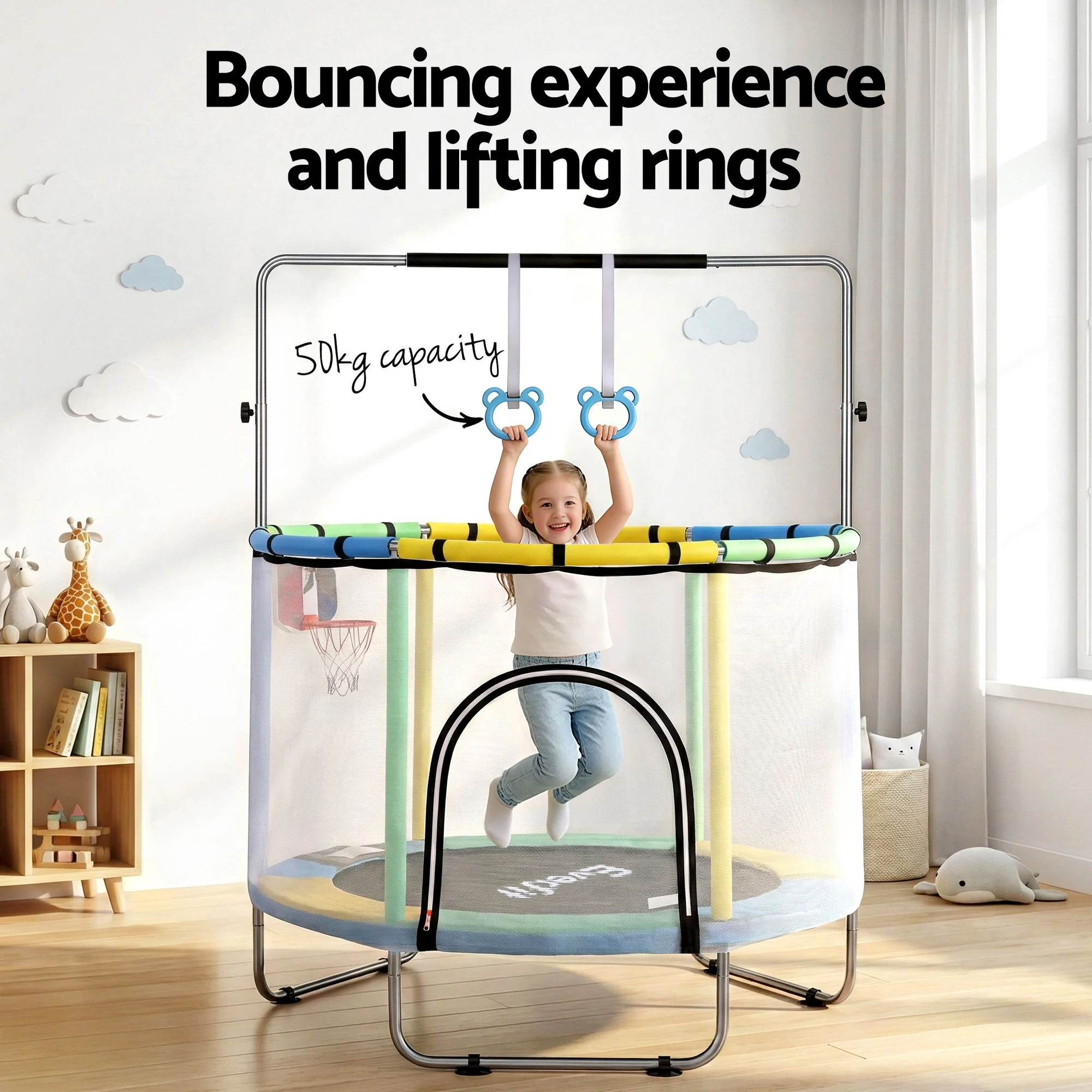 Everfit 55inch Trampoline Kids Rebounder with Basketball Set Sandbag Boxing Game - Image 4