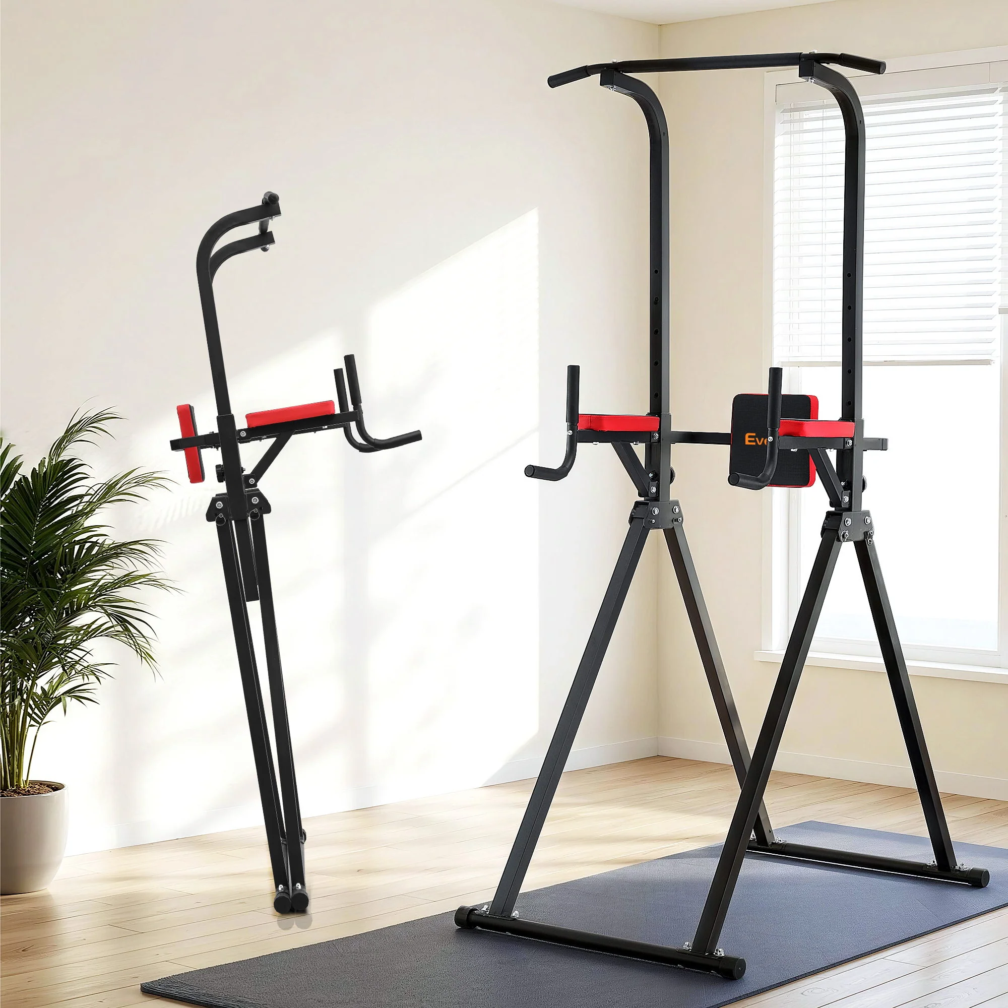 Everfit Chin Up Tower Pull Up Station Adjustable Dip Station Folding Home Gym Black - Image 7