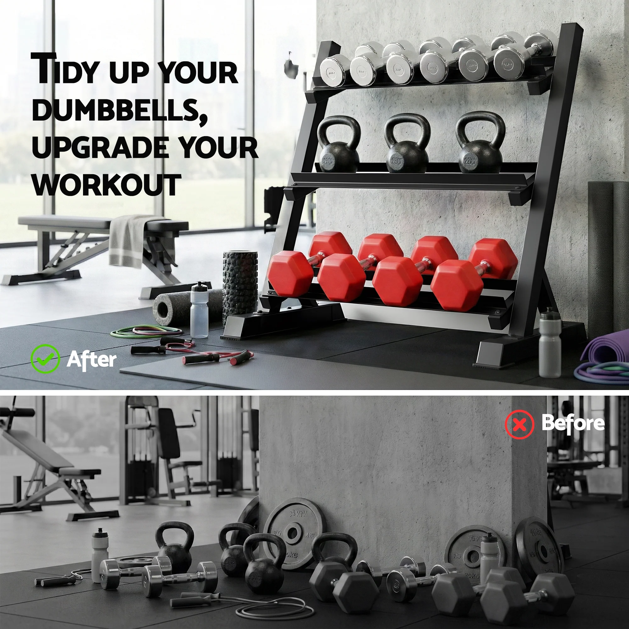 Everfit Dumbbell Rack 3-Tier Heavy Duty Weight Storage for Home Gym 300kg Capacity Black - Image 5
