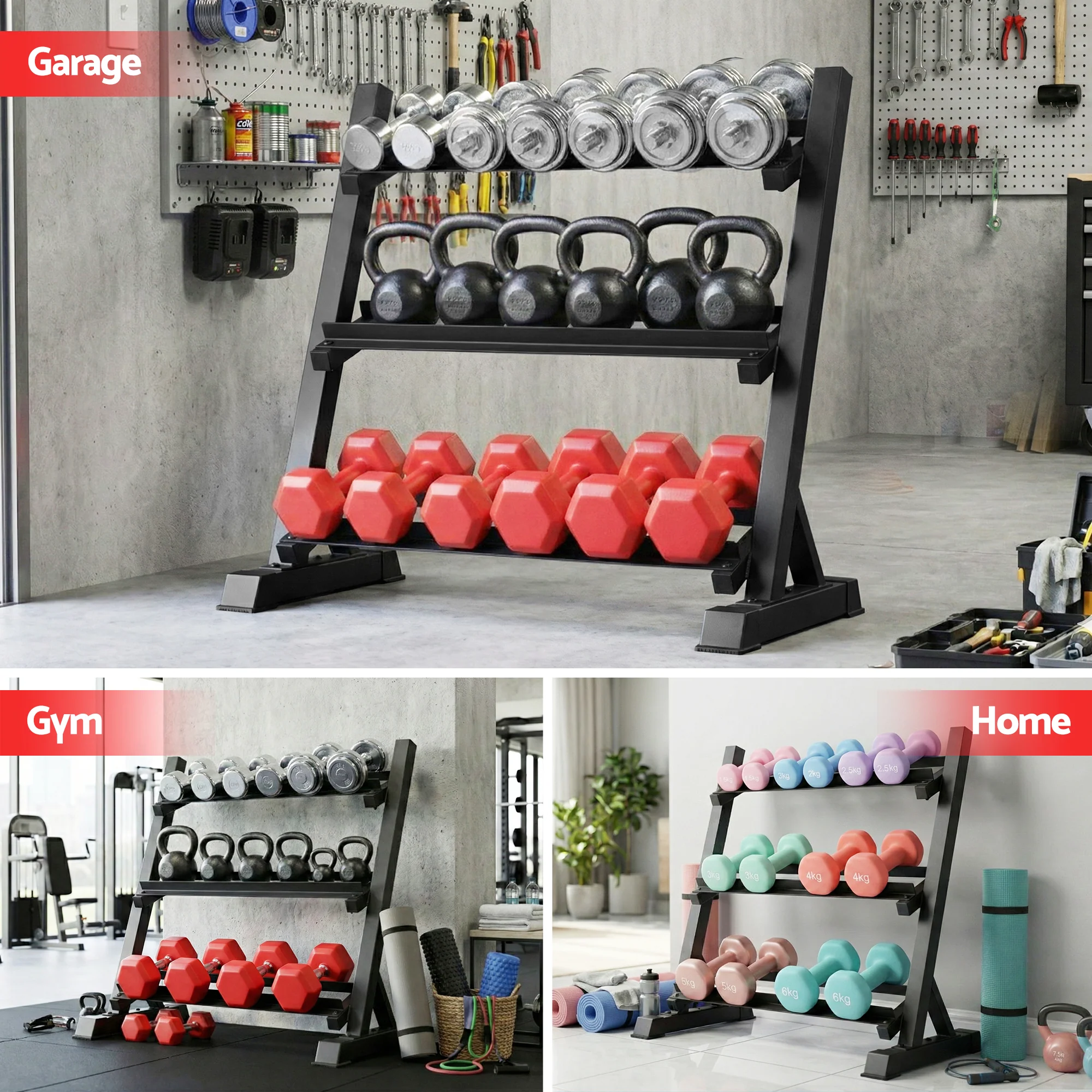 Everfit Dumbbell Rack 3-Tier Heavy Duty Weight Storage for Home Gym 300kg Capacity Black - Image 6