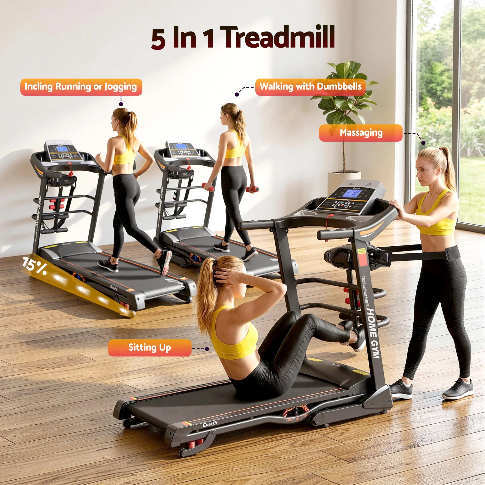 Everfit Treadmill Electric Home Gym Fitness Exercise Machine w/ Massager 480mm - Image 3