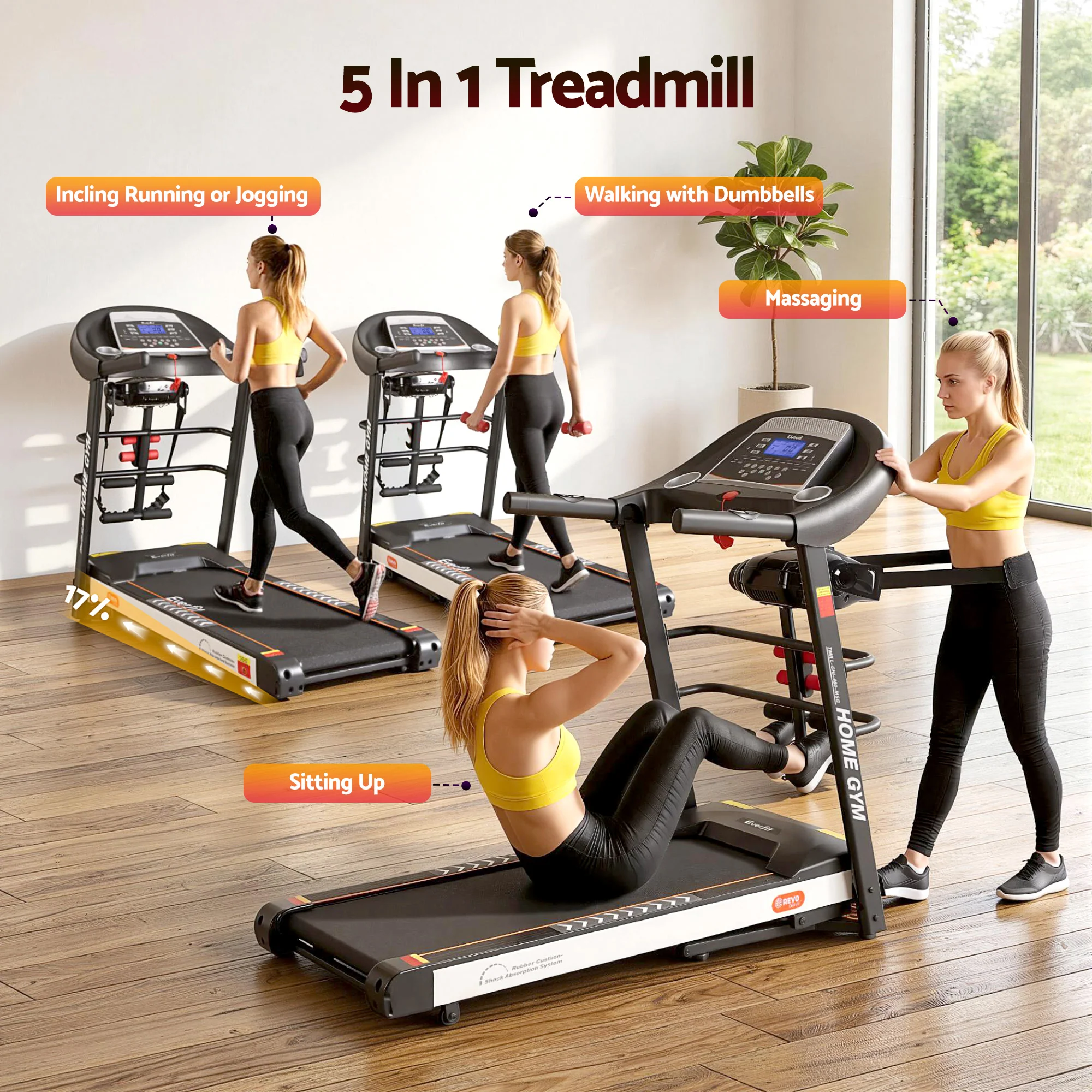 Everfit Treadmill Electric Home Gym Fitness Exercise Machine w/ Massager 450mm - Image 3