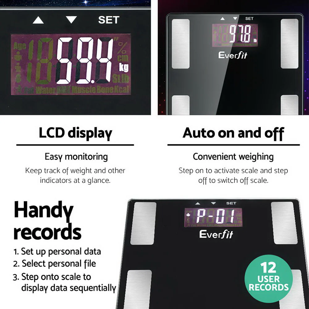 Everfit Body Fat Bathroom Scale Weighing BMI Monitor Gym 180KG - Image 3