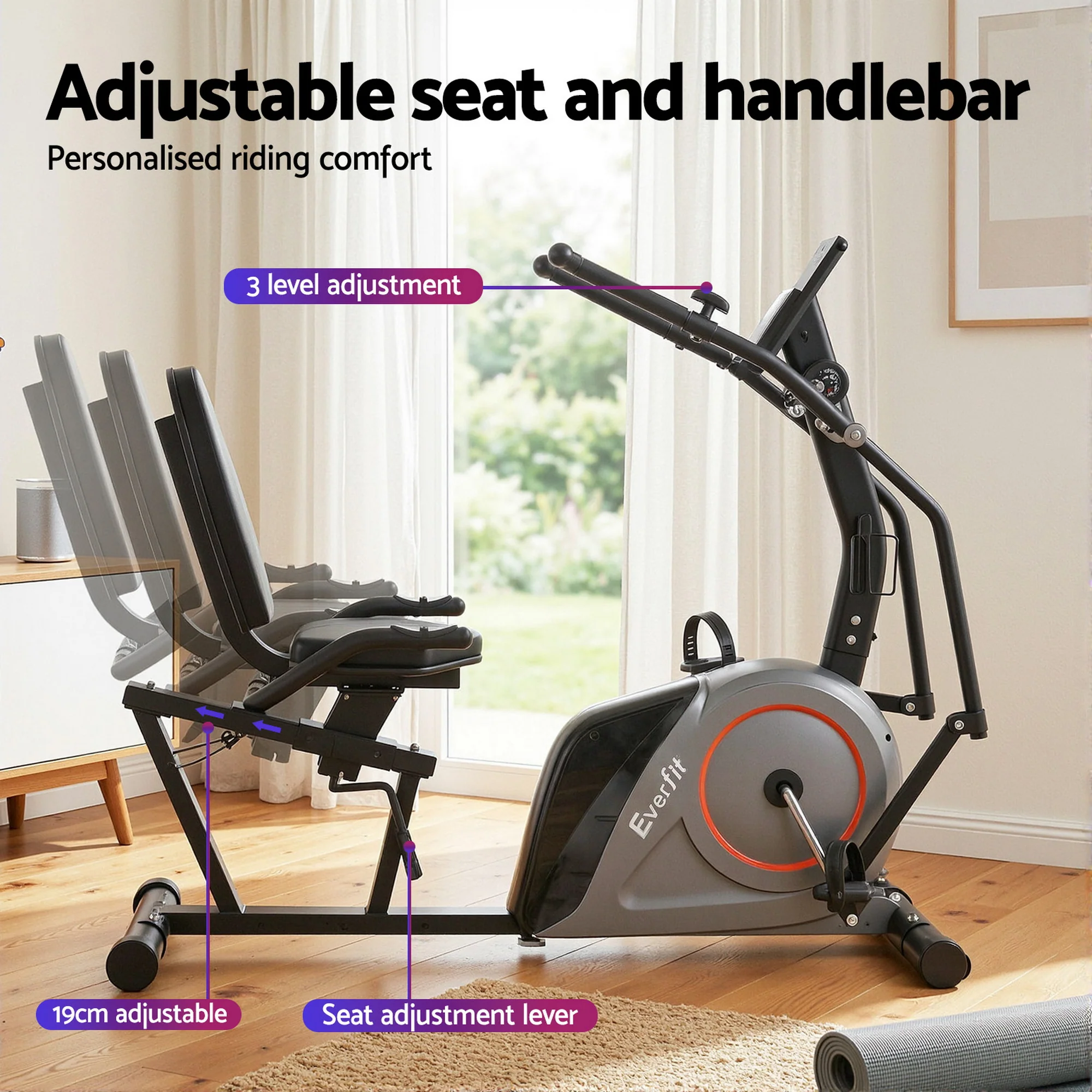 Everfit Exercise Bike Recumbent Cycling Magnetic Bluetooth App Connect Home Gym - Image 6