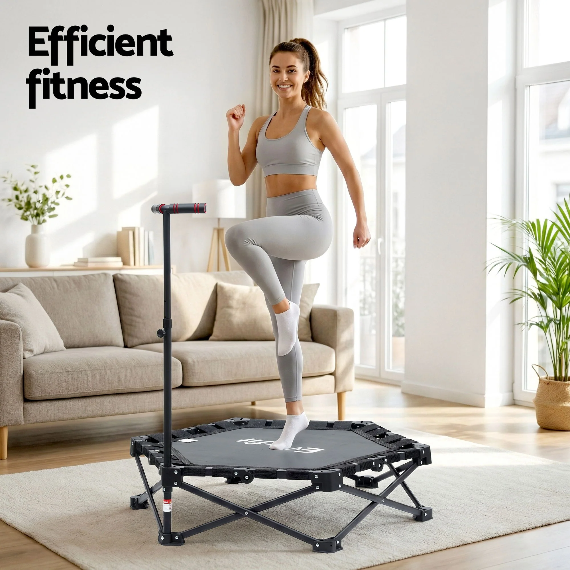 Everfit Fitness Foldable Trampoline Rebounder Adjustable Handle Indoor Exercise Black - Image 4