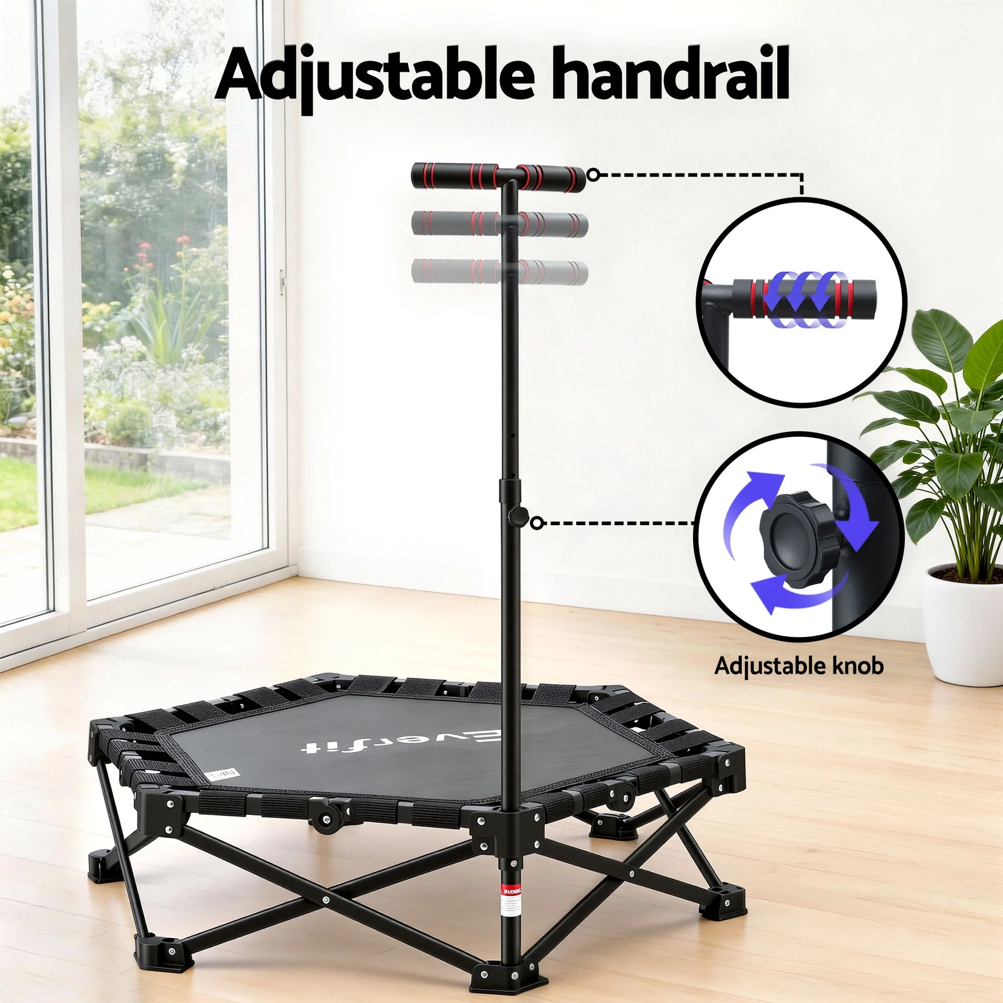 Everfit Fitness Foldable Trampoline Rebounder Adjustable Handle Indoor Exercise Black - Image 5