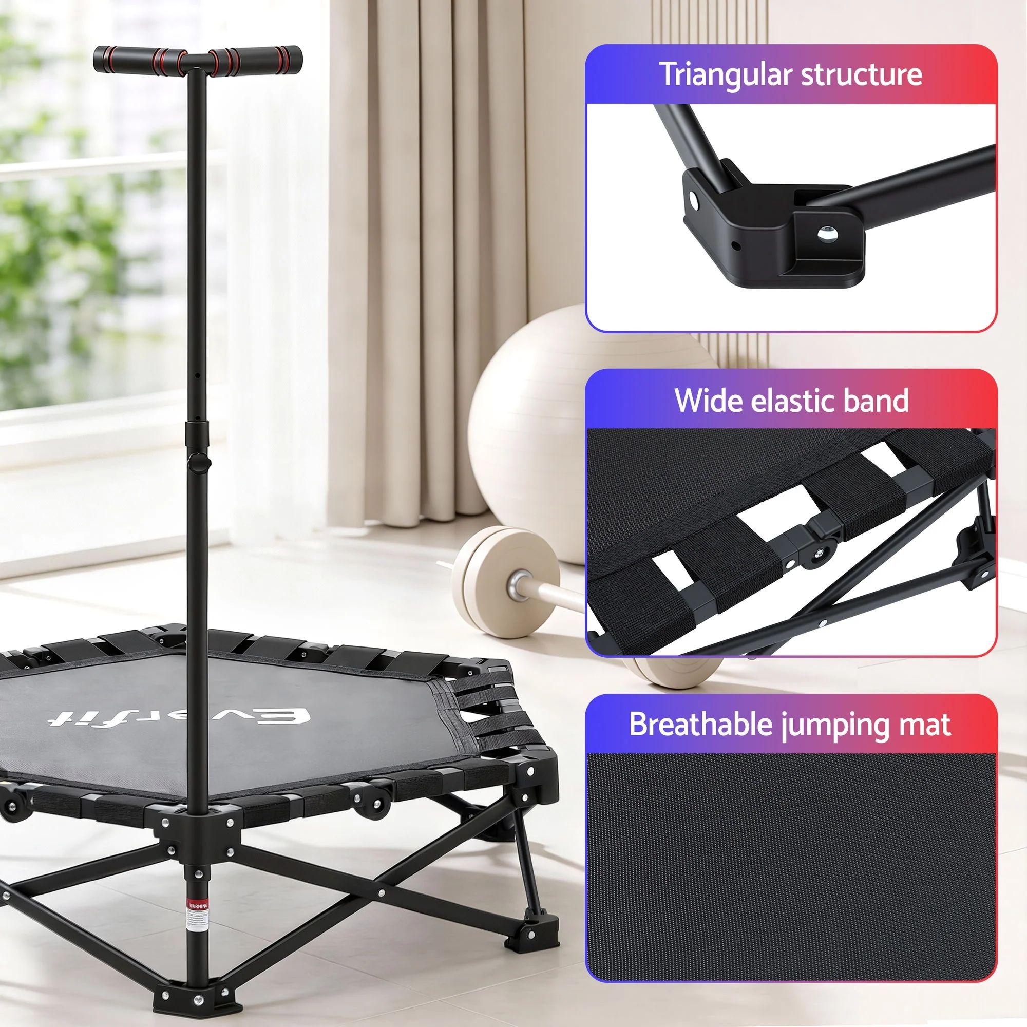 Everfit Fitness Foldable Trampoline Rebounder Adjustable Handle Indoor Exercise Black - Image 6