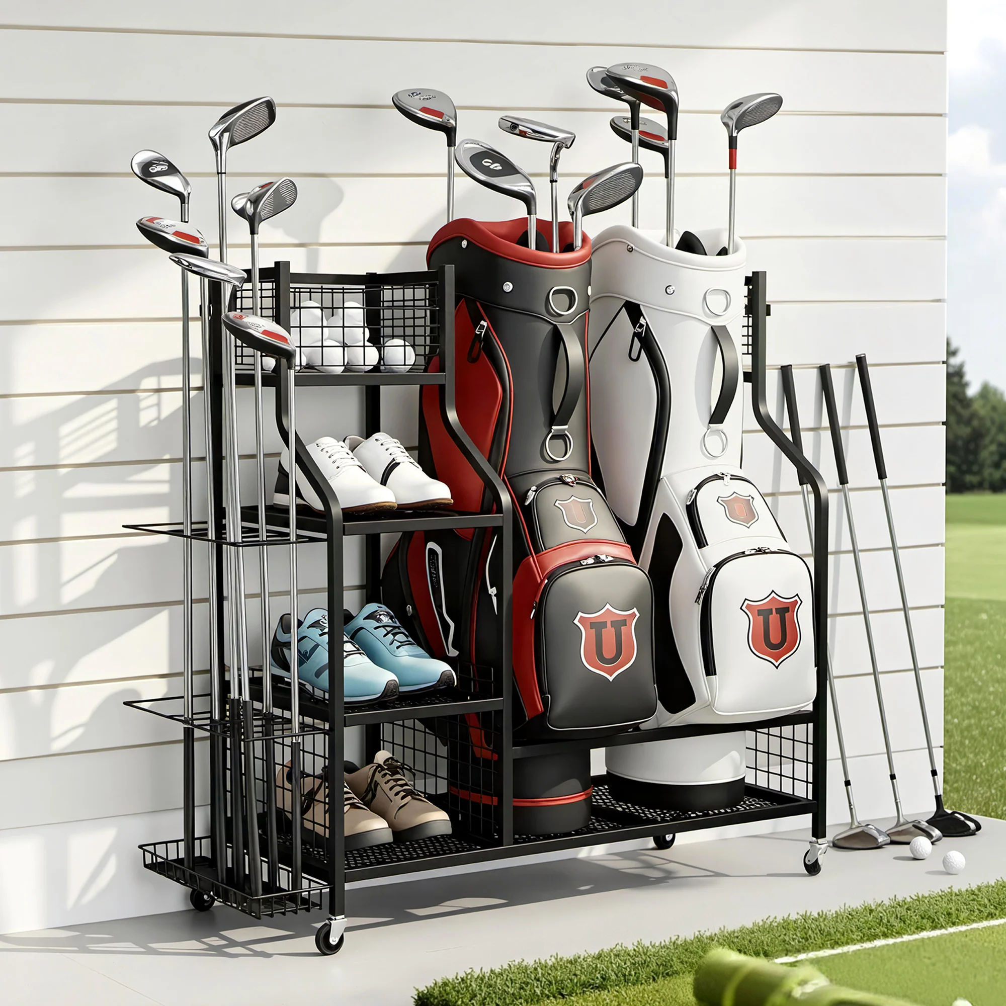 Everfit Golf Bag Storage Golf Storage Garage Organizer with Wheels Black - Image 7