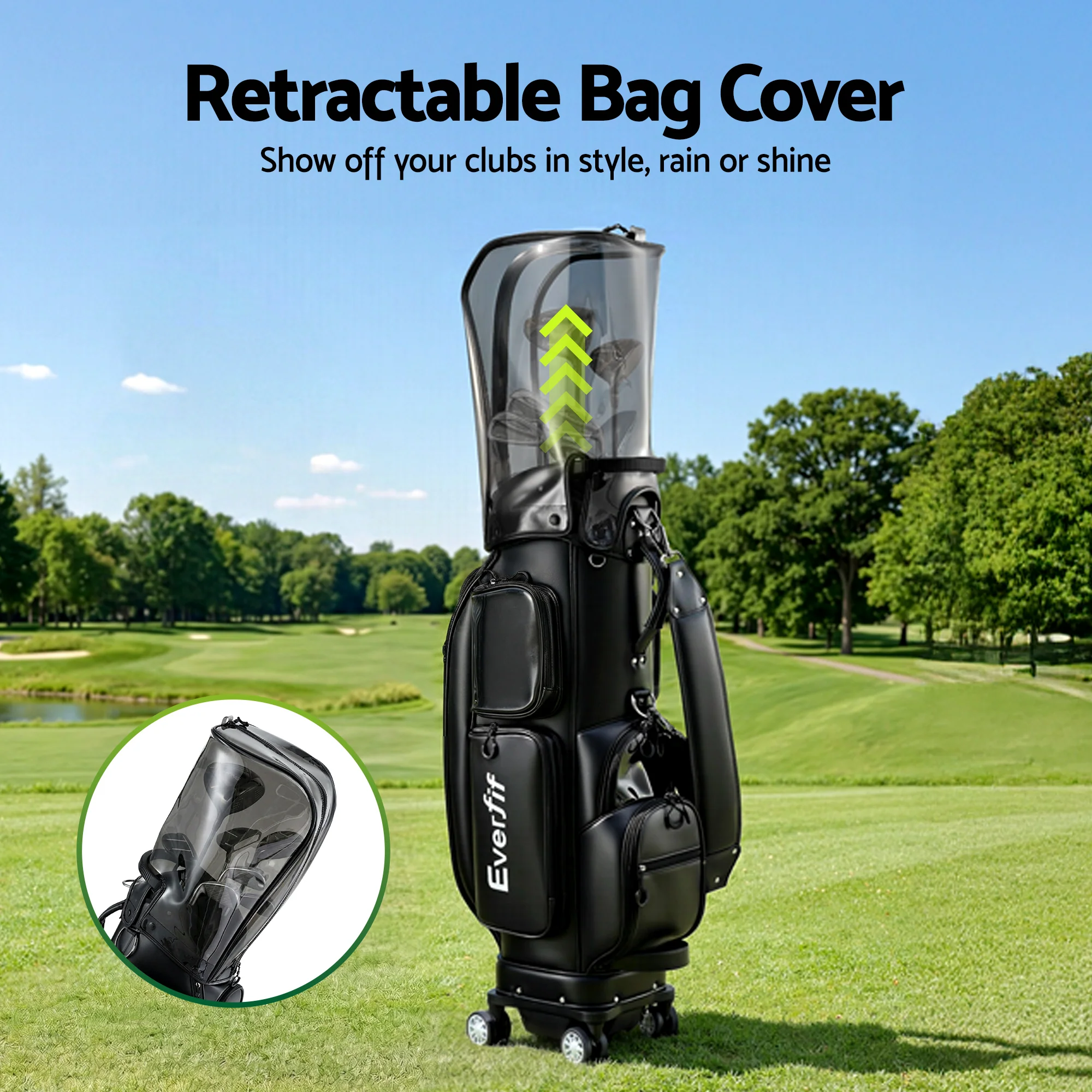 Everfit Golf Cart Bag Rolling Buggy Club Organiser Synthetic Leather Black - Image 4