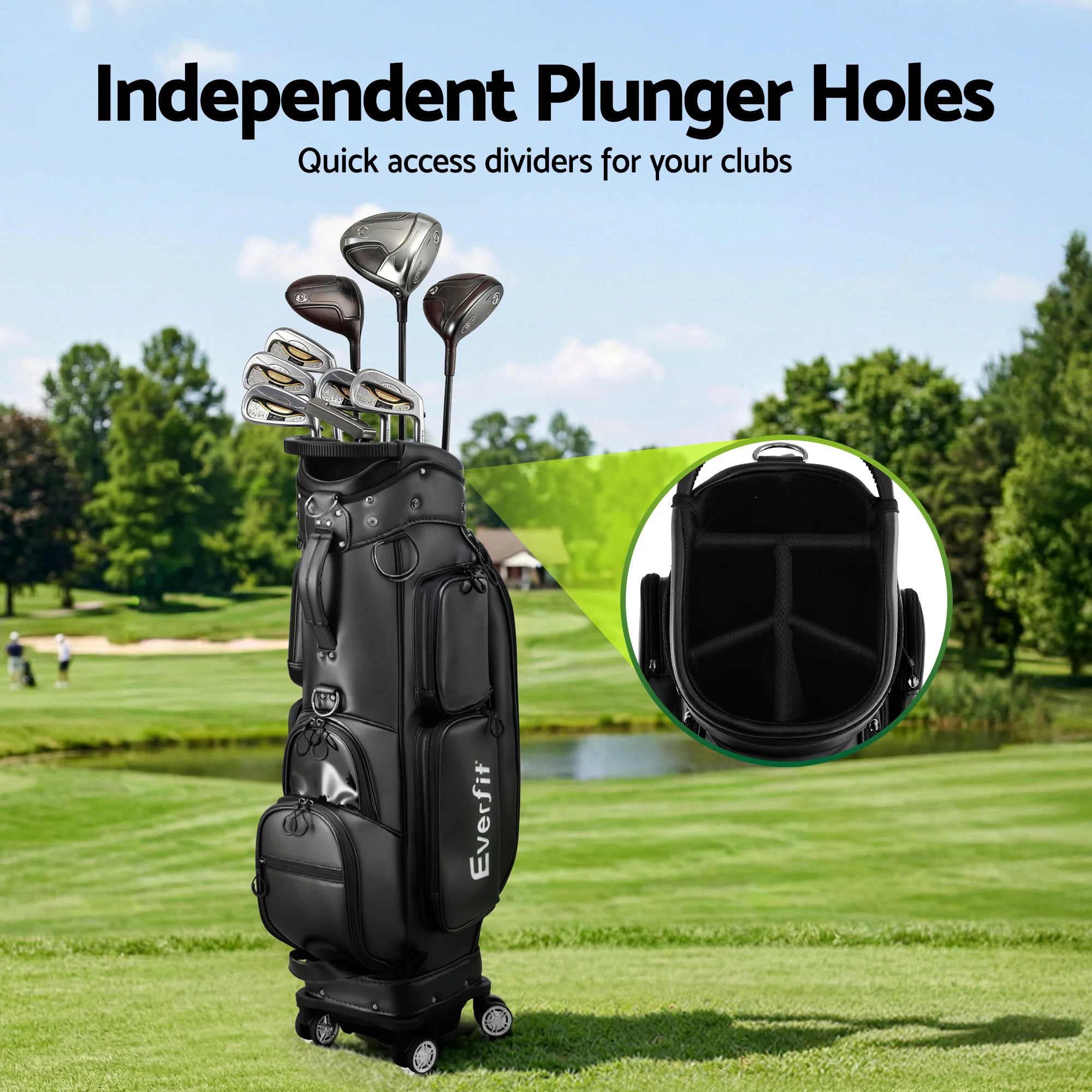 Everfit Golf Cart Bag Rolling Buggy Club Organiser Synthetic Leather Black - Image 7