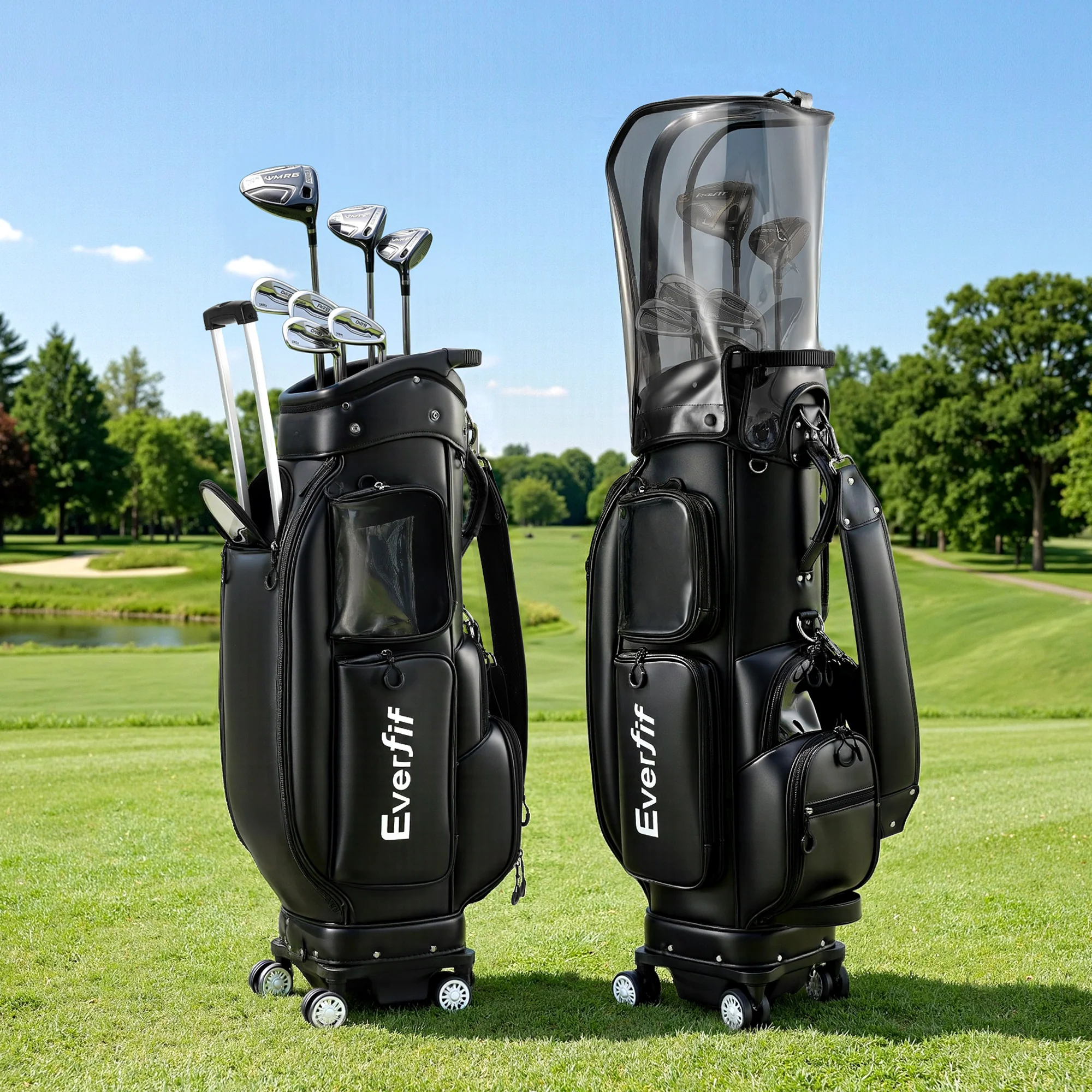 Everfit Golf Cart Bag Rolling Buggy Club Organiser Synthetic Leather Black - Image 8