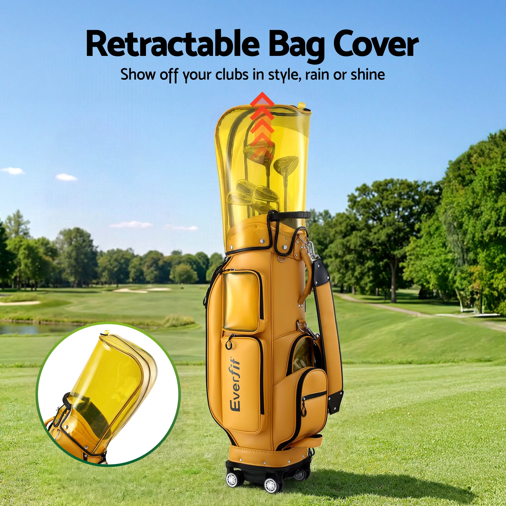 Everfit Golf Cart Bag Rolling Buggy Club Organiser Synthetic Leather Yellow - Image 4