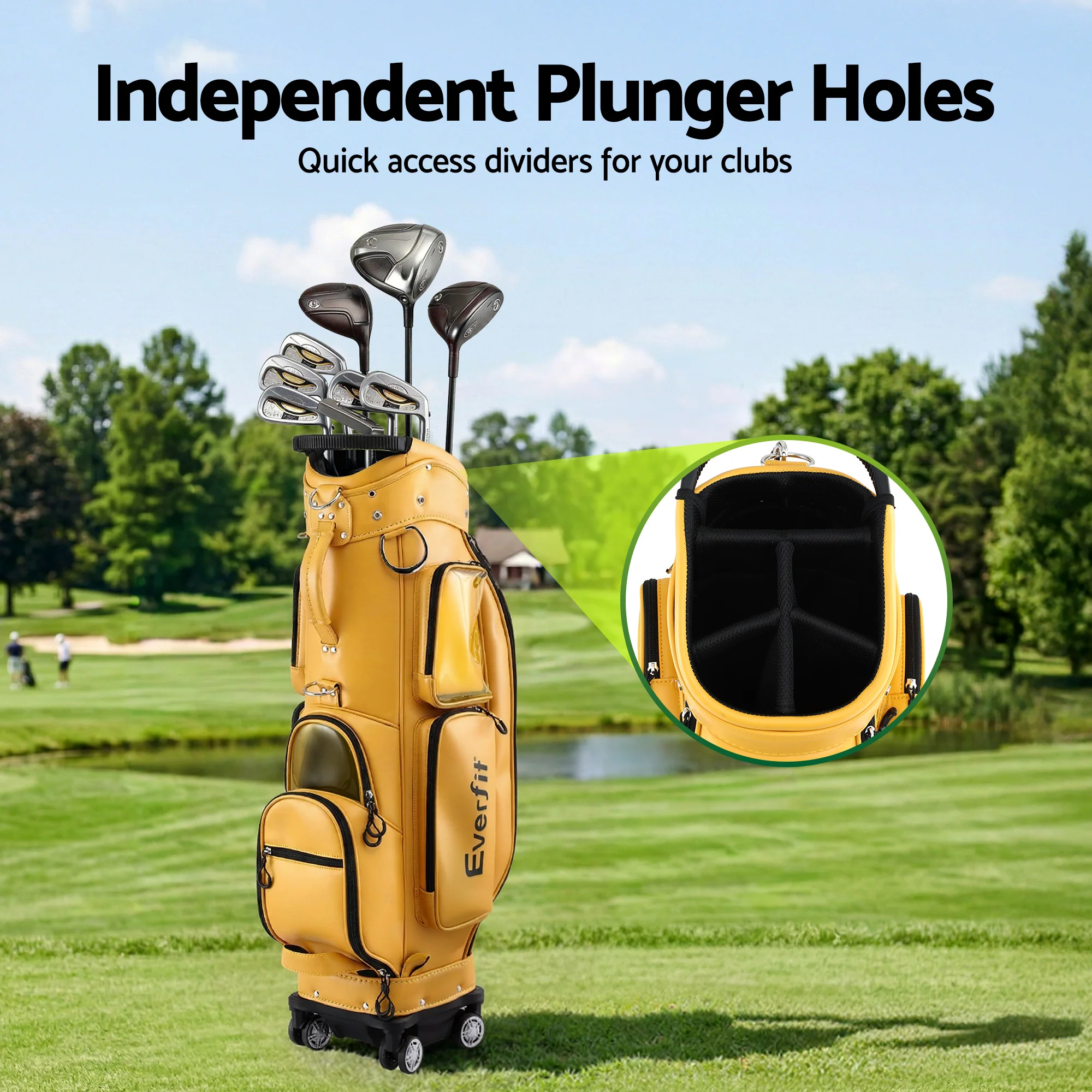 Everfit Golf Cart Bag Rolling Buggy Club Organiser Synthetic Leather Yellow - Image 7