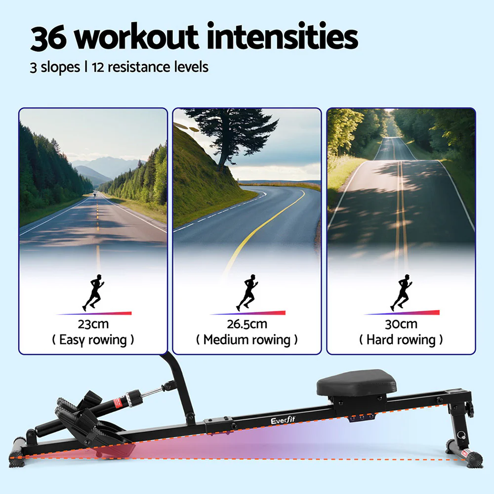 Everfit Hydraulic Rowing Machine Rower 12 Levels Resistance Exercise Fitness Gym Cardio-Black - Image 4