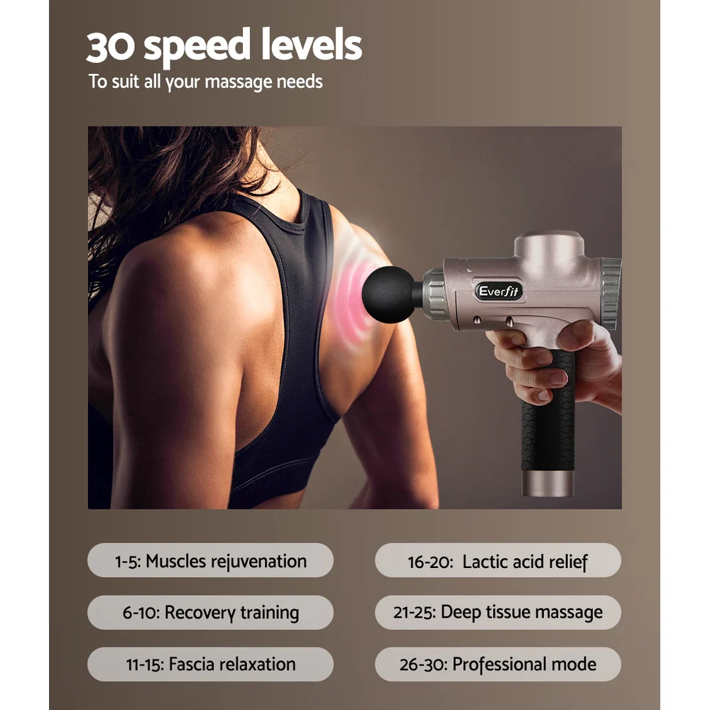 Everfit Massage Gun 30 Speed 6 Heads Vibration Muscle Massager Chargeable Gold - Image 6