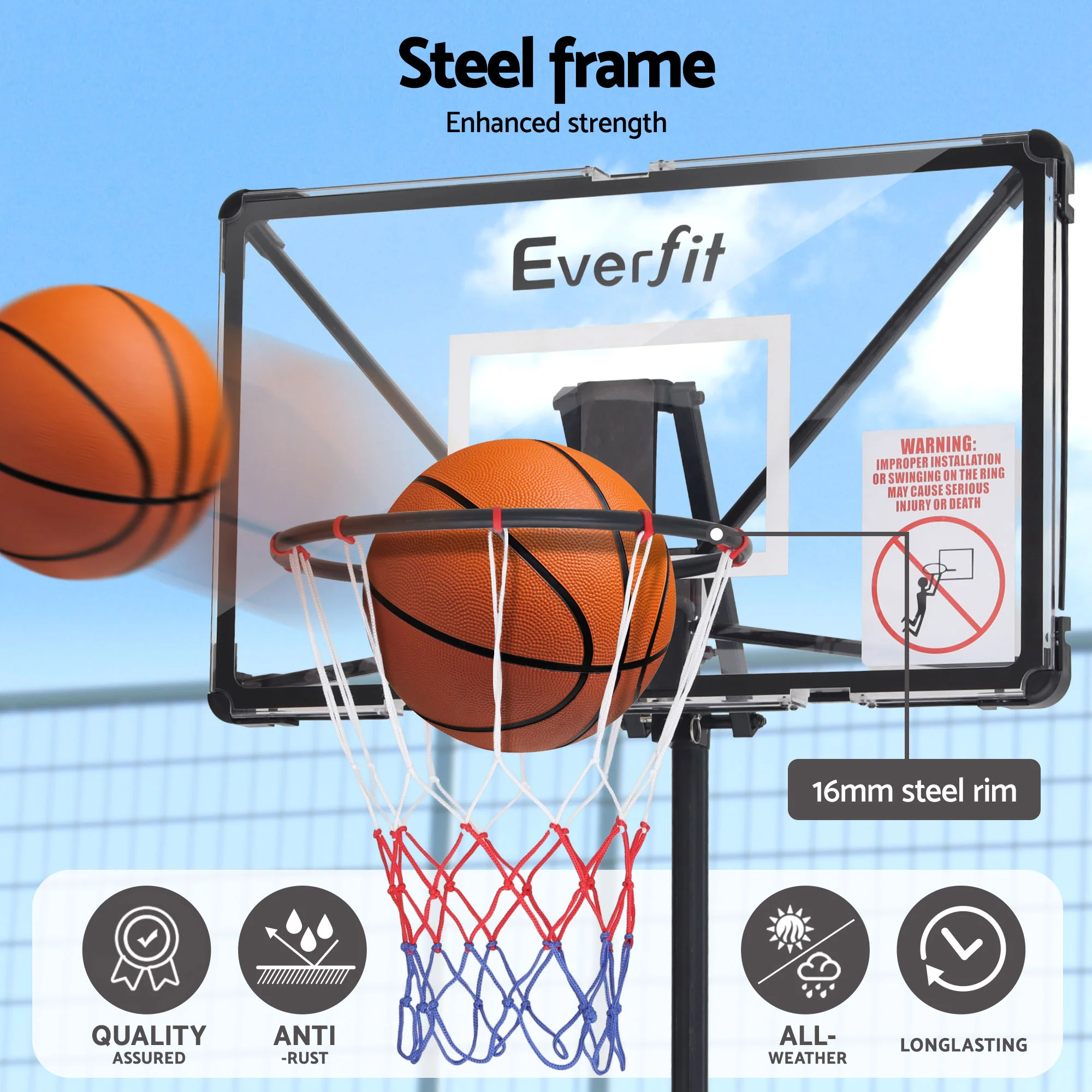 Everfit Portable Basketball Hoop System Adjustable Full Foldable Stand 2.07m - Image 5