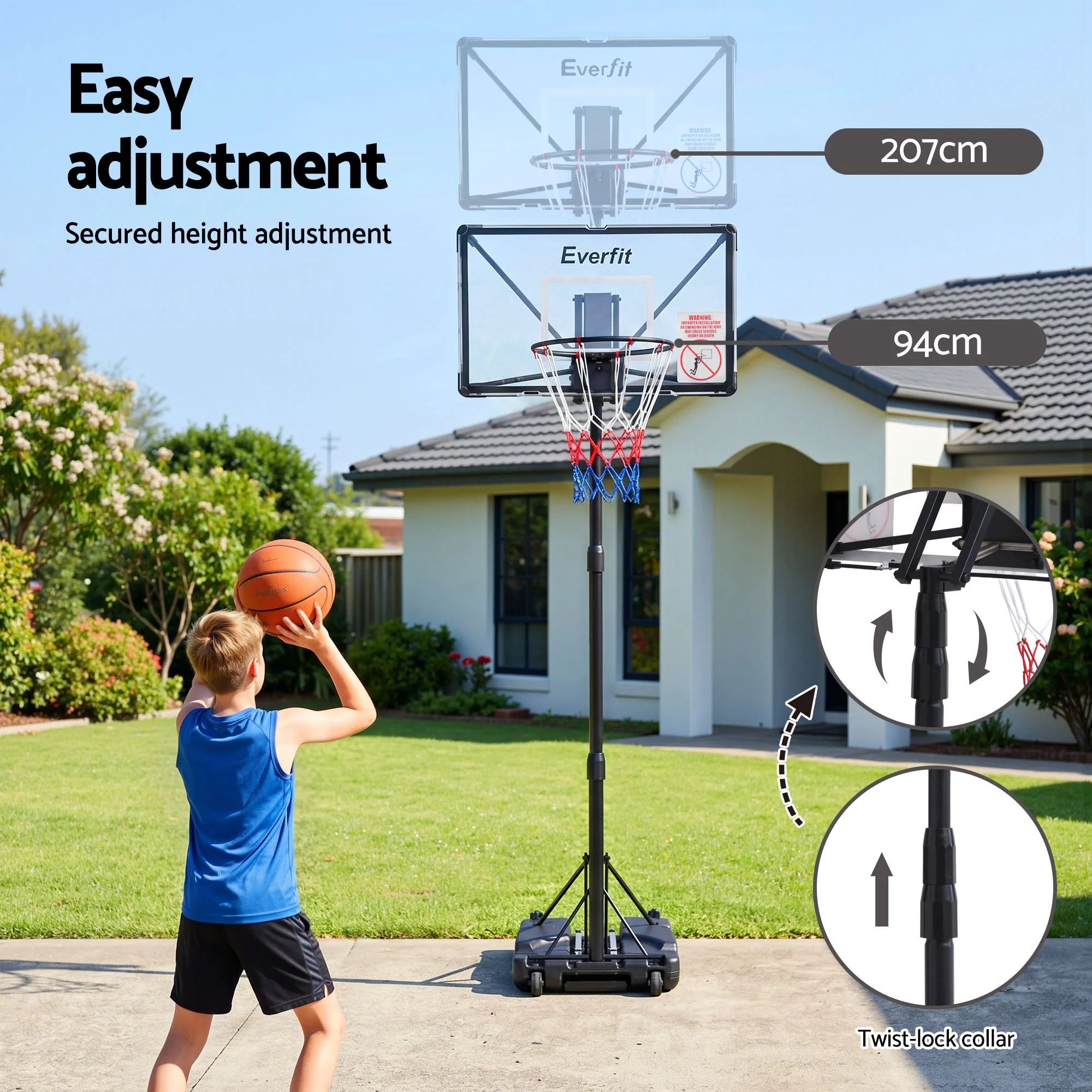 Everfit Portable Basketball Hoop System Adjustable Full Foldable Stand 2.07m - Image 6