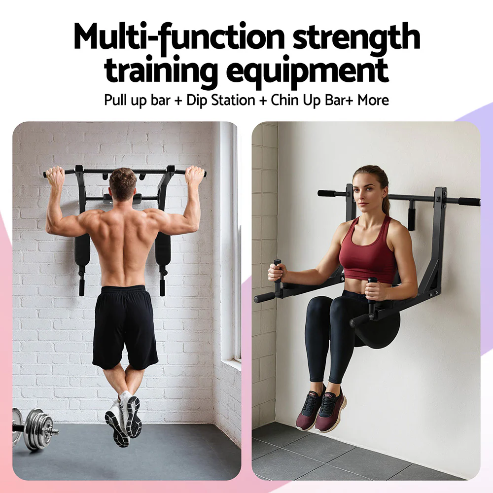 Everfit Pull Up Bar Dip Station Multi Gym 150kg Home Power Station Black Red - Image 4