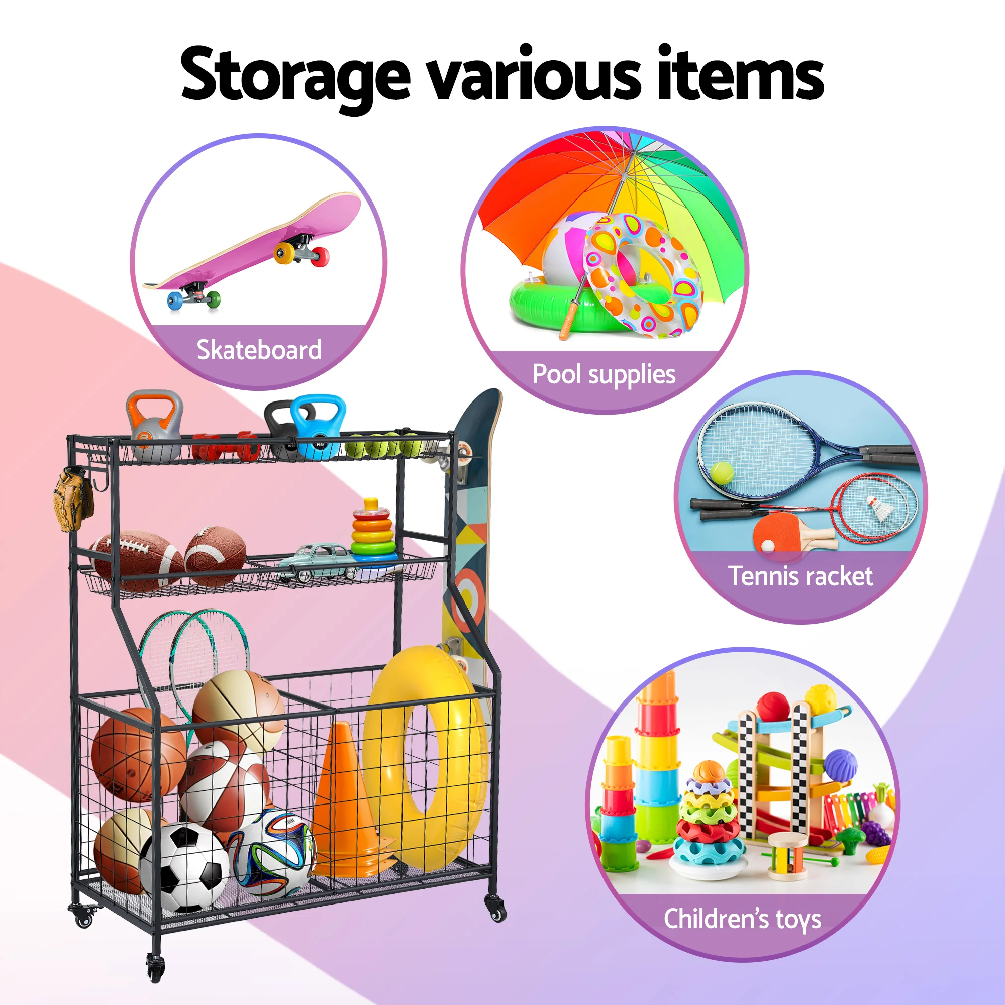 Everfit Sports Equipment Organizer Storage with Wheels Multi-Sport Garage Gym Black - Image 4