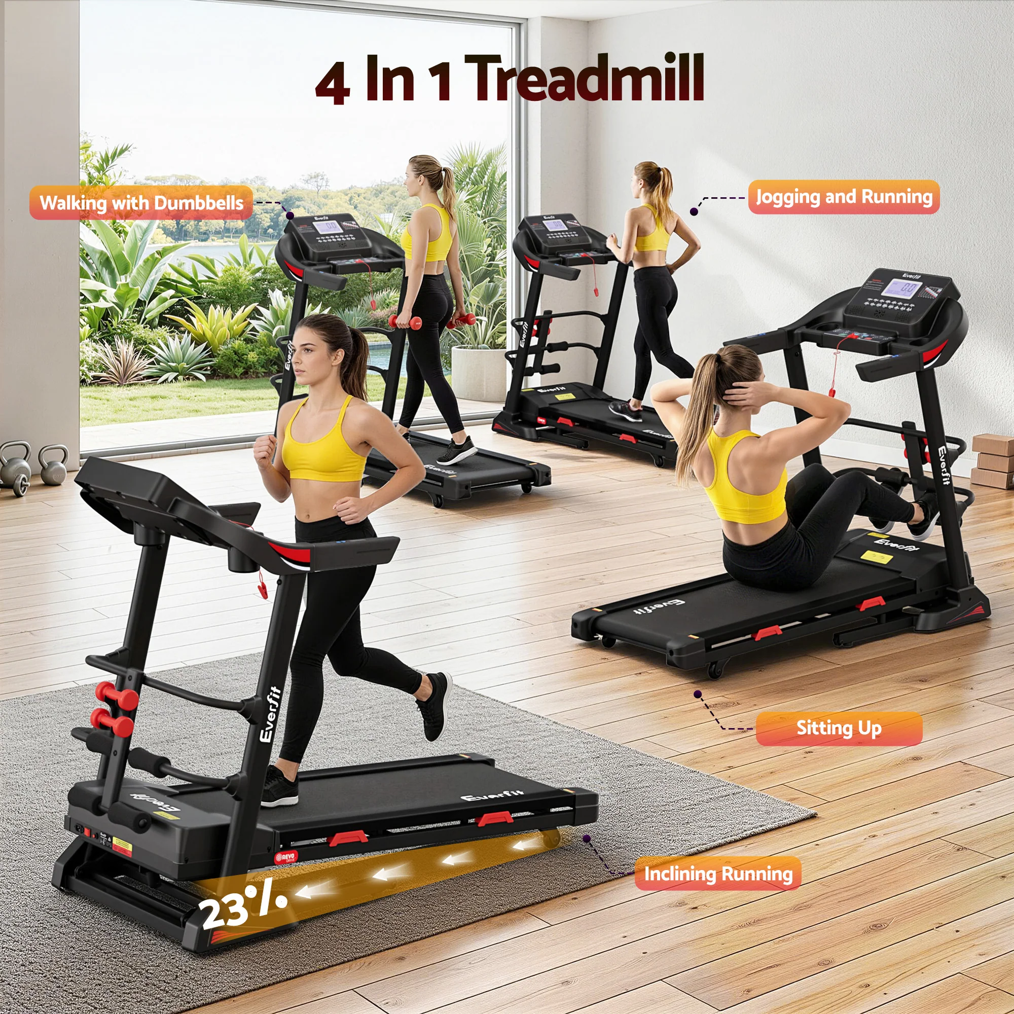 Everfit Treadmill Electric Home Gym Fitness Exercise Machine w/ Sit Up Bar 450mm - Image 2