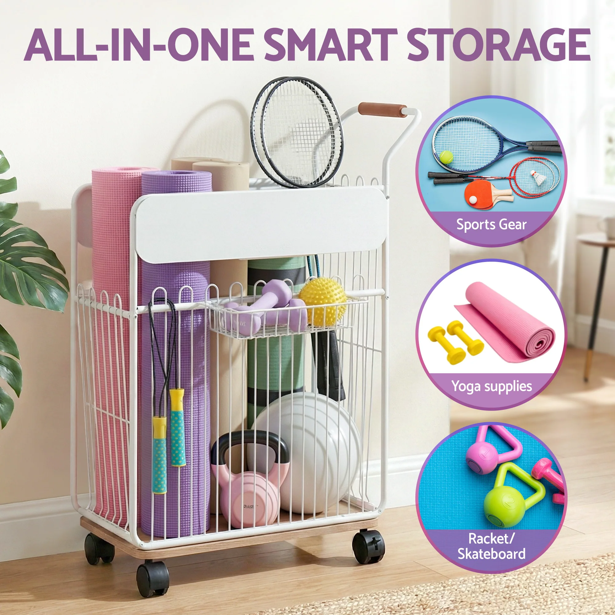 Everfit Yoga Mat Storage Rack Mobile Holder with Wheels Basket Home Gym Storage Organizer White - Image 4
