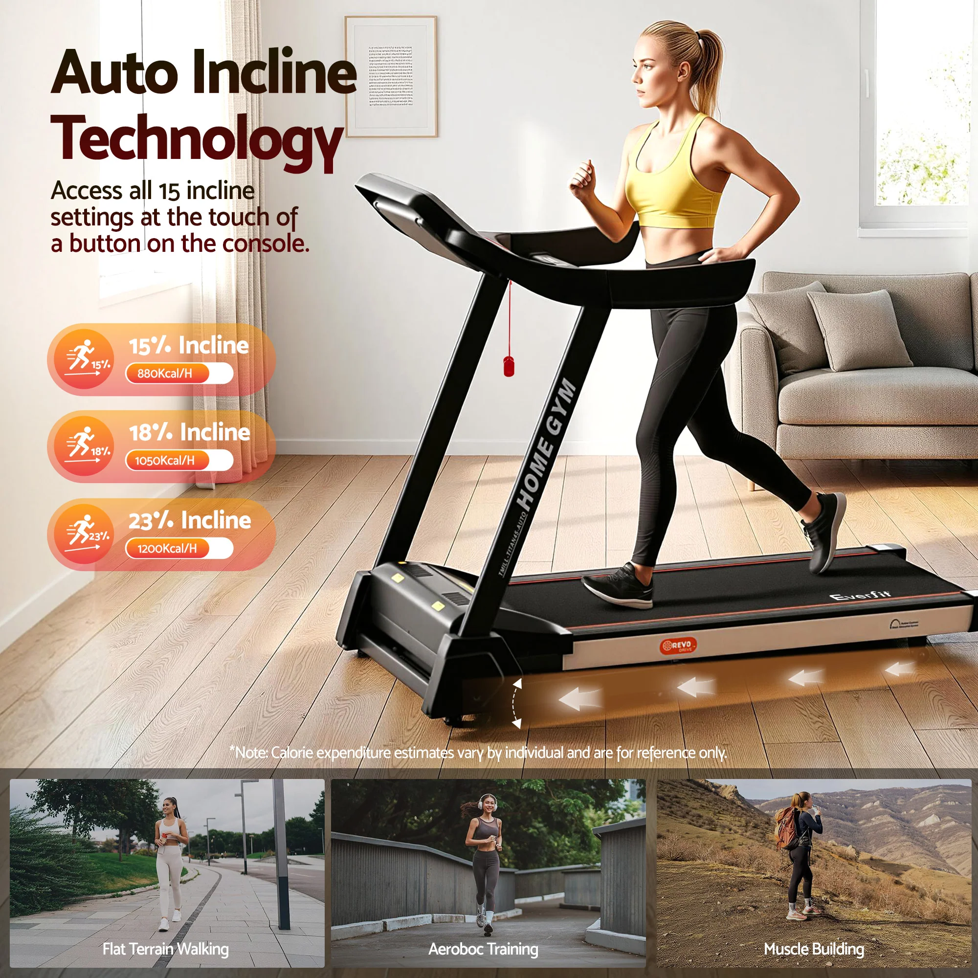 Everfit Treadmill Electric Auto Level Incline Home Gym Fitness Exercise 450mm - Image 3
