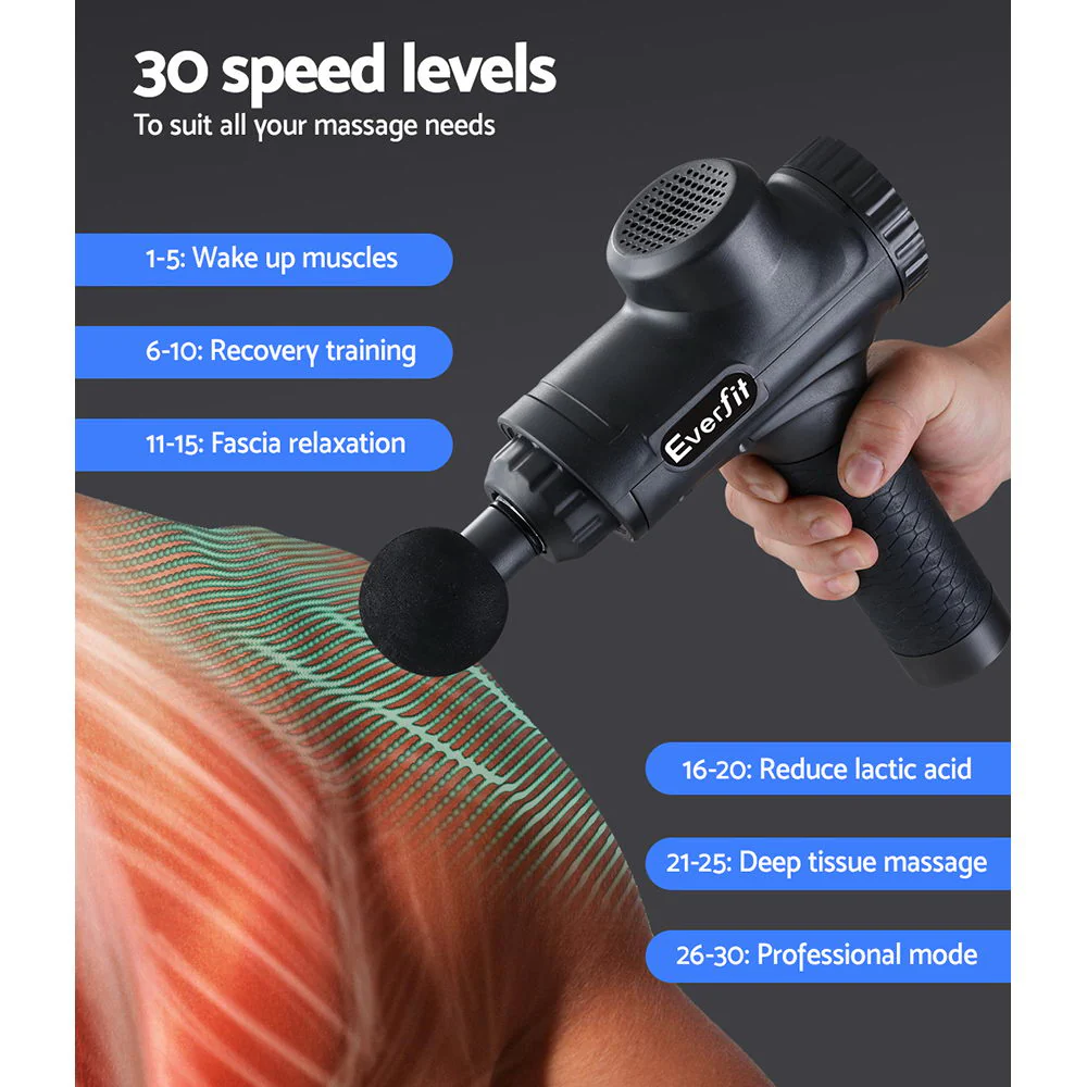 Everfit Massage Gun 30 Speed 6 Heads Vibration Muscle Massager Chargeable Black - Image 6