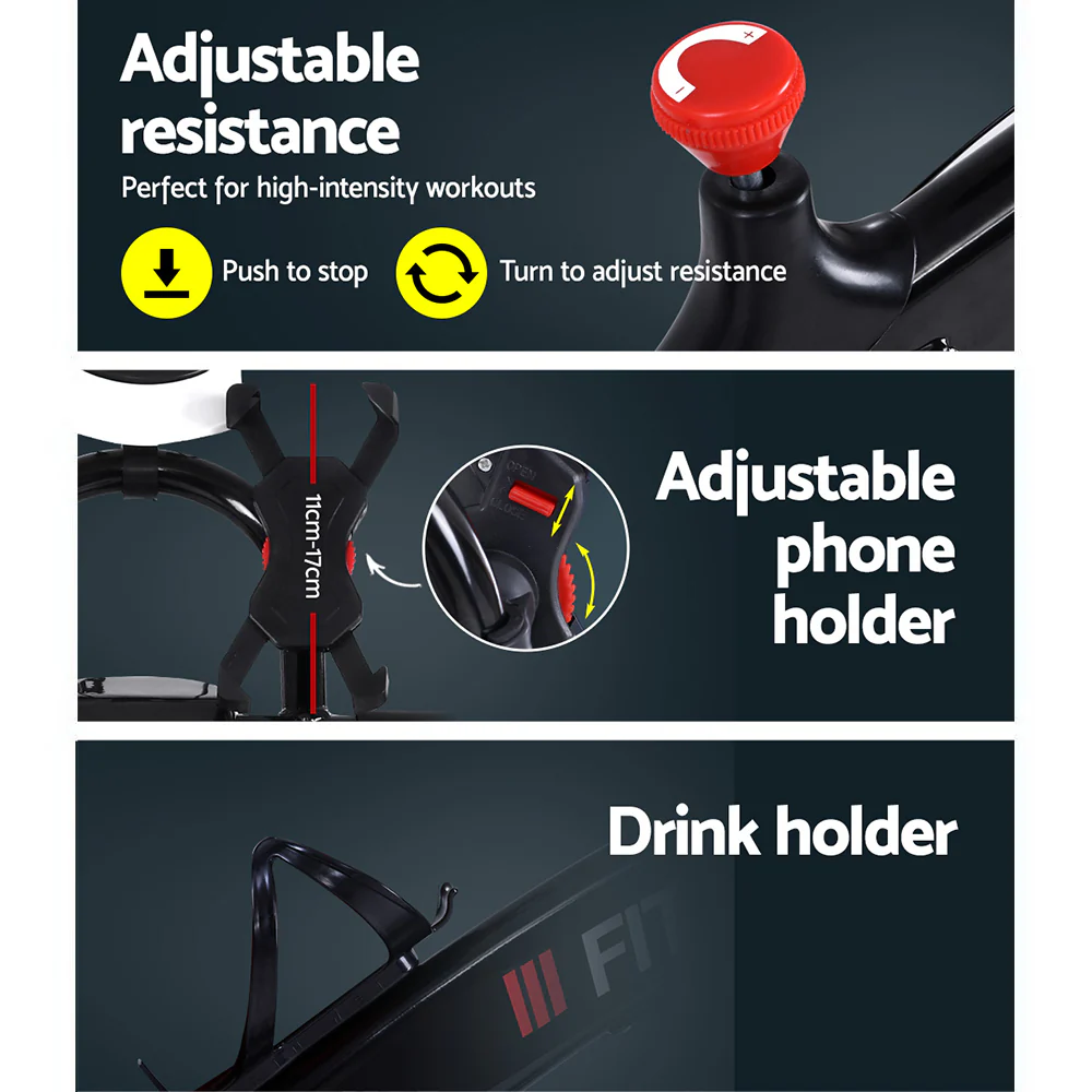 Spin Exercise Bike Flywheel Fitness Commercial Home Workout Gym Machine Bonus Phone Holder Black - Image 5